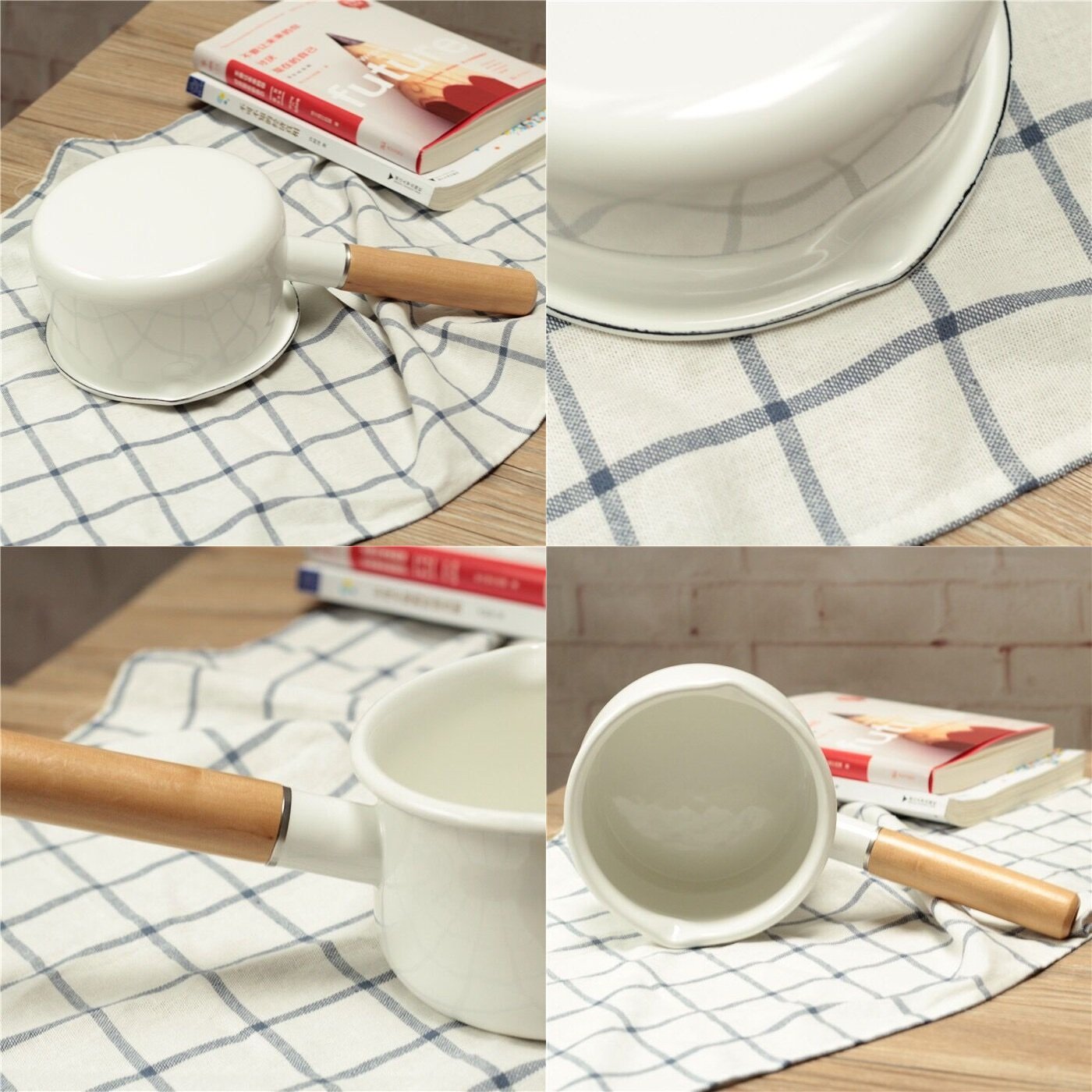 Yumcute Home Enamel Milk Pan With Dual Pour Spout Butter Warmer Milk Pot For Stove Top Healthy White Enameled Inside Coating Iro