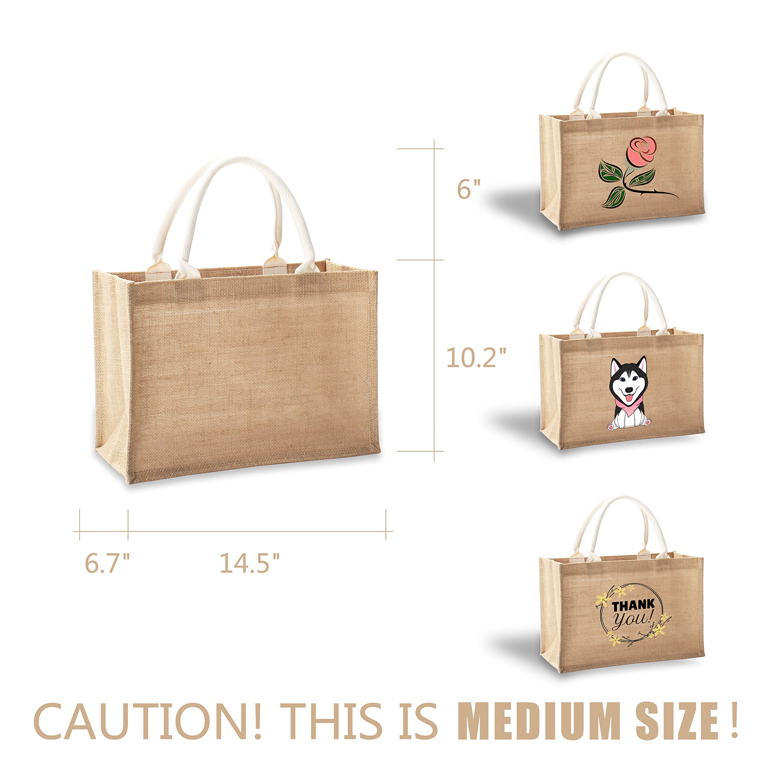 Yaceyace Jute Beach Bags, 14.5'' X 6.7'' X 10.2'' Pack Of 6 Burlap Tote Bags With Handles Resuabale Grocery Bags Bridesmaid Bags