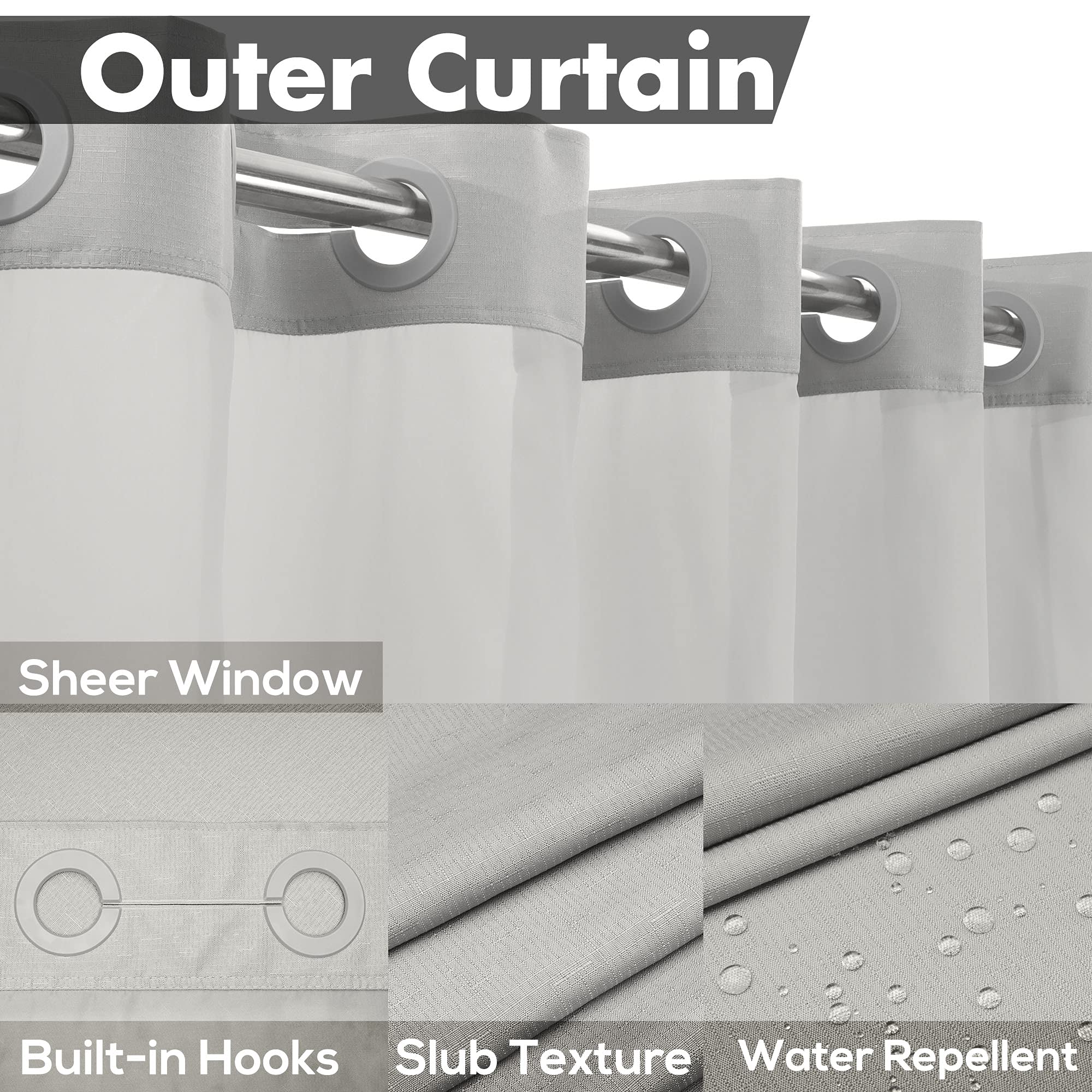 Extra Long No Hook Slub Textured Shower Curtain with Snap-in PEVA Liner Set - 71'' x 86''(84'')  Hotel Style with See Through Top Window  Grey Fabric Curtain & Waterproof Liner  Gray  71x86