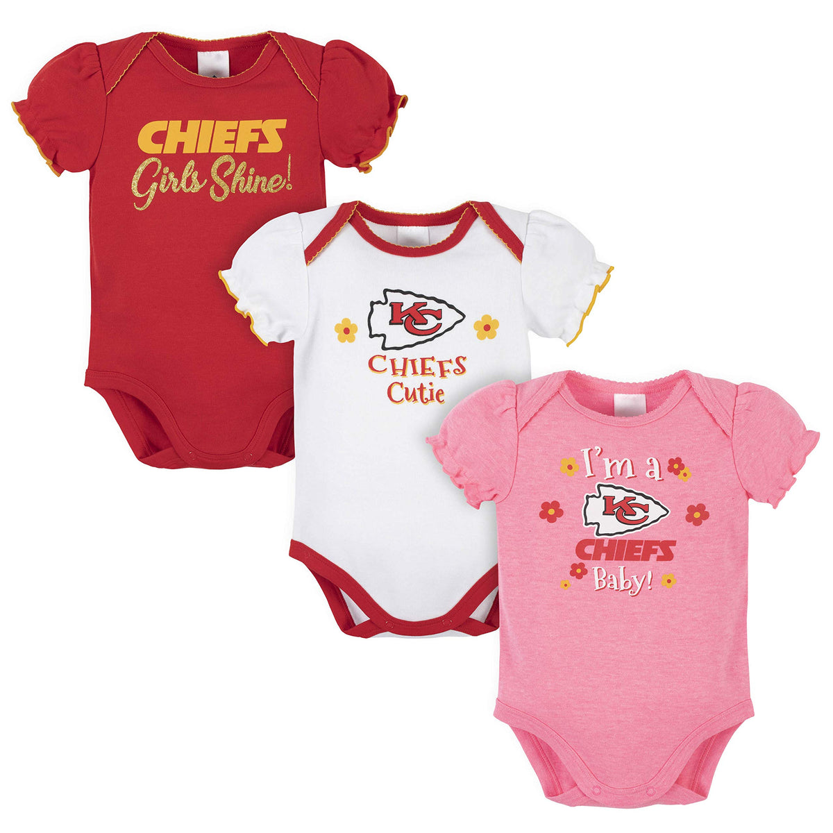 Nfl Kansas City Chiefs 3 Pack Short Sleeve Bodysuit, Redwhitepink Kansas City Chiefs, 0-3 Months