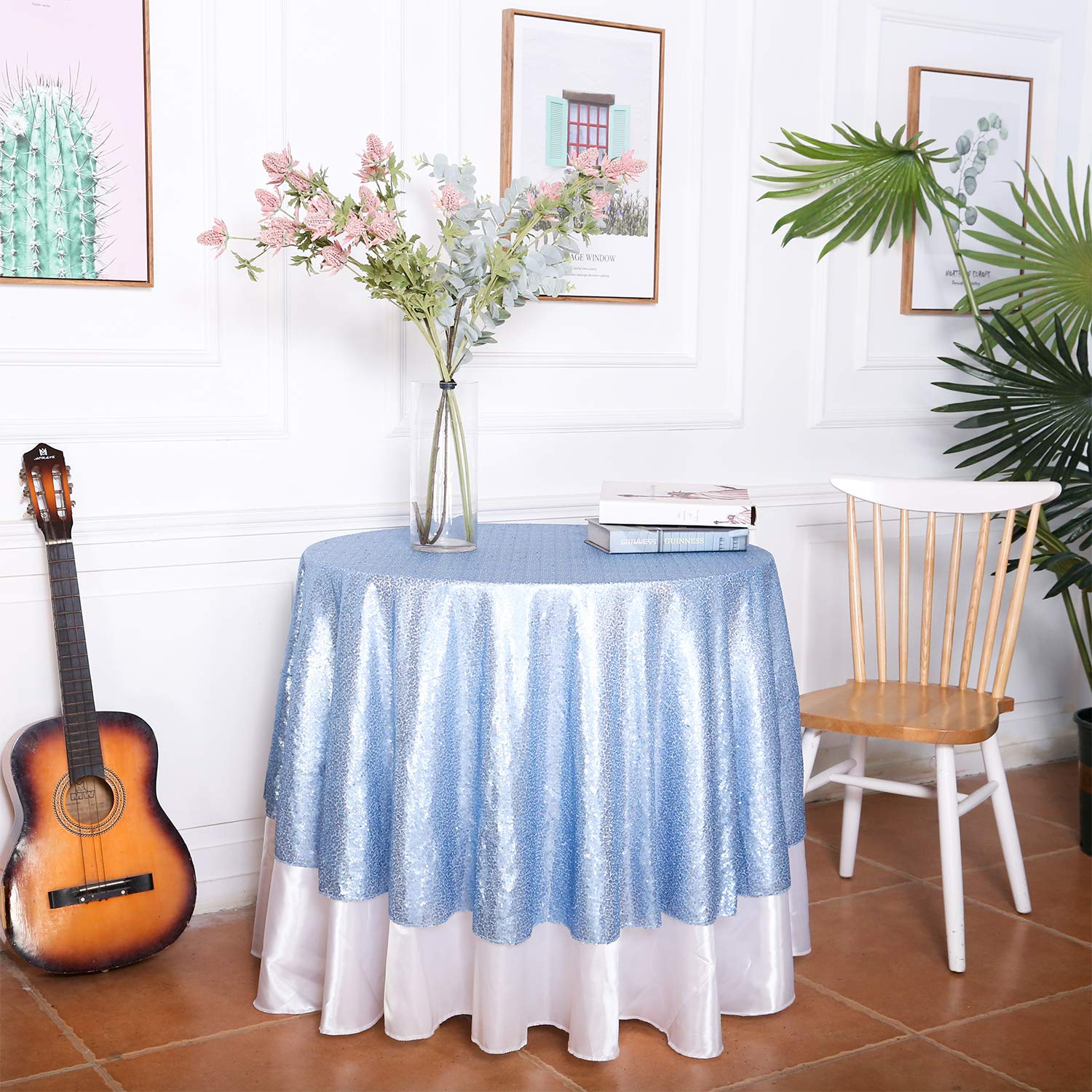 Eternal Beauty Baby Blue 72'' Round Sequin Tablecloth- Sparkly Sequin Overlay For Wedding Party/Dessert Table/Christmas Decorati