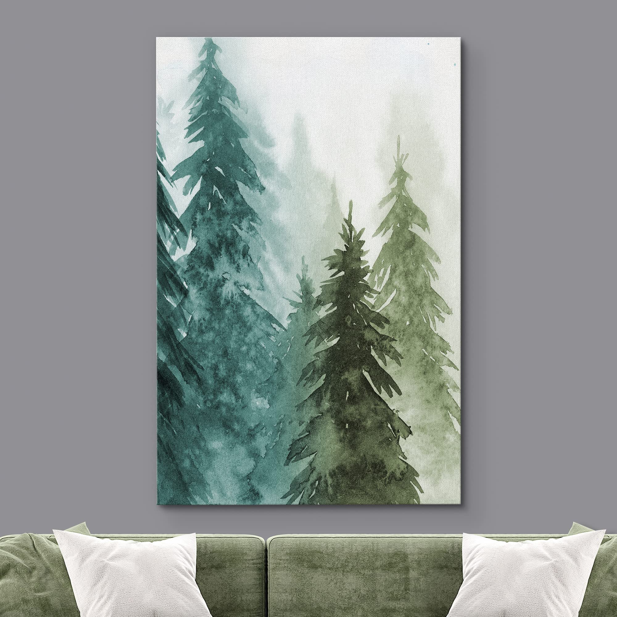 Signwin Canvas Print Wall Art Woodland Nursery Decor Green & Teal Watercolor Forest Pine Trees Floral Nature Illustrations Moder