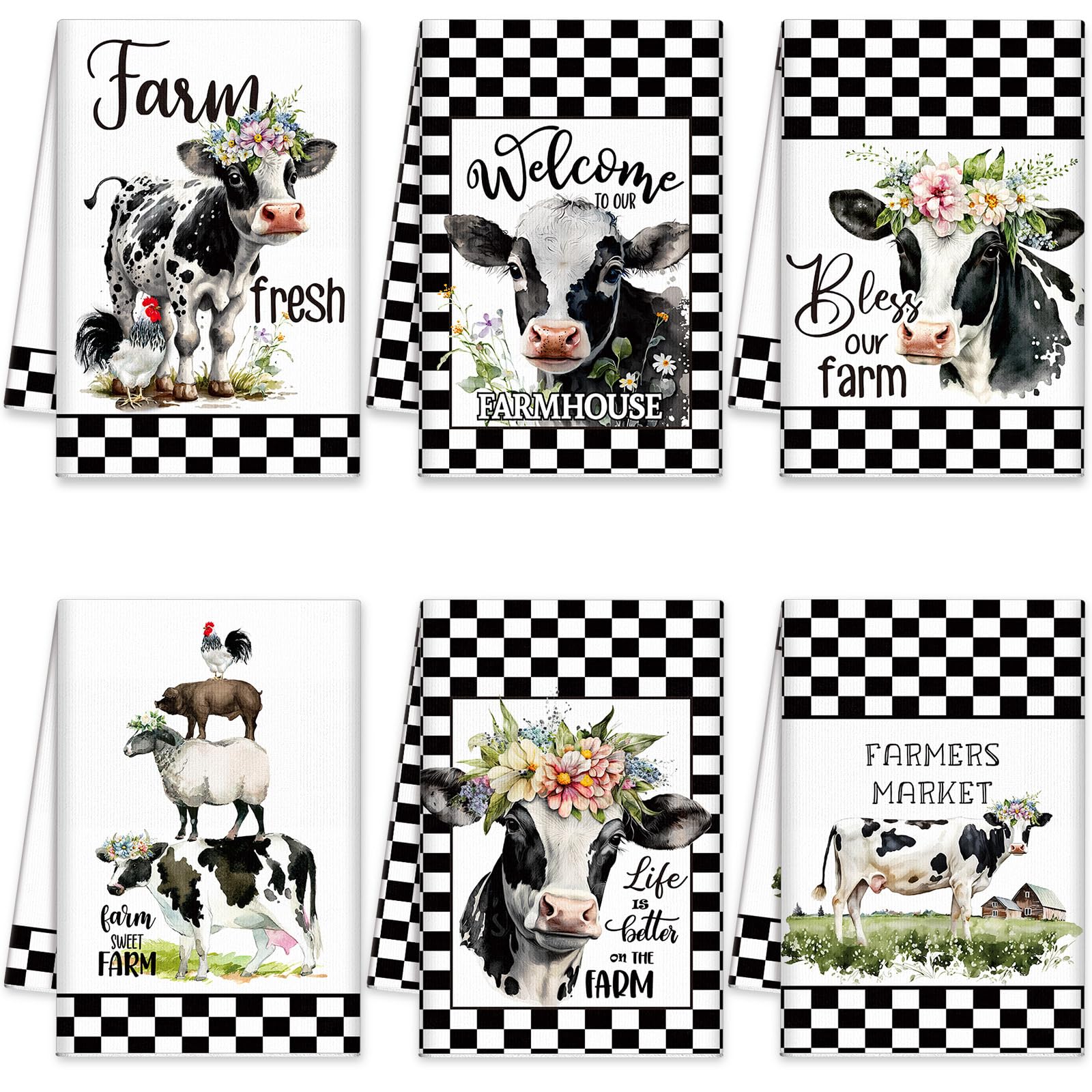 Fuweave 6 Pcs Farm Animal Kitchen Towels Decorative Set Cow Sheep Pig Chicken Floral Buffalo Plaid Funny Dish Towels For Kitchen