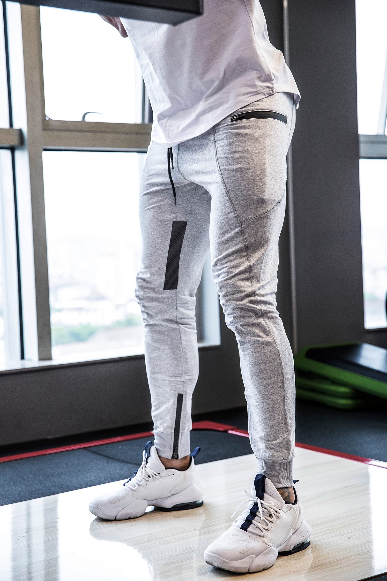 Firstgym Mens Joggers Sweatpants Slim Fit Workout Training Thigh Mesh Gym Jogger Pants With Zipper Pockets Light Grey