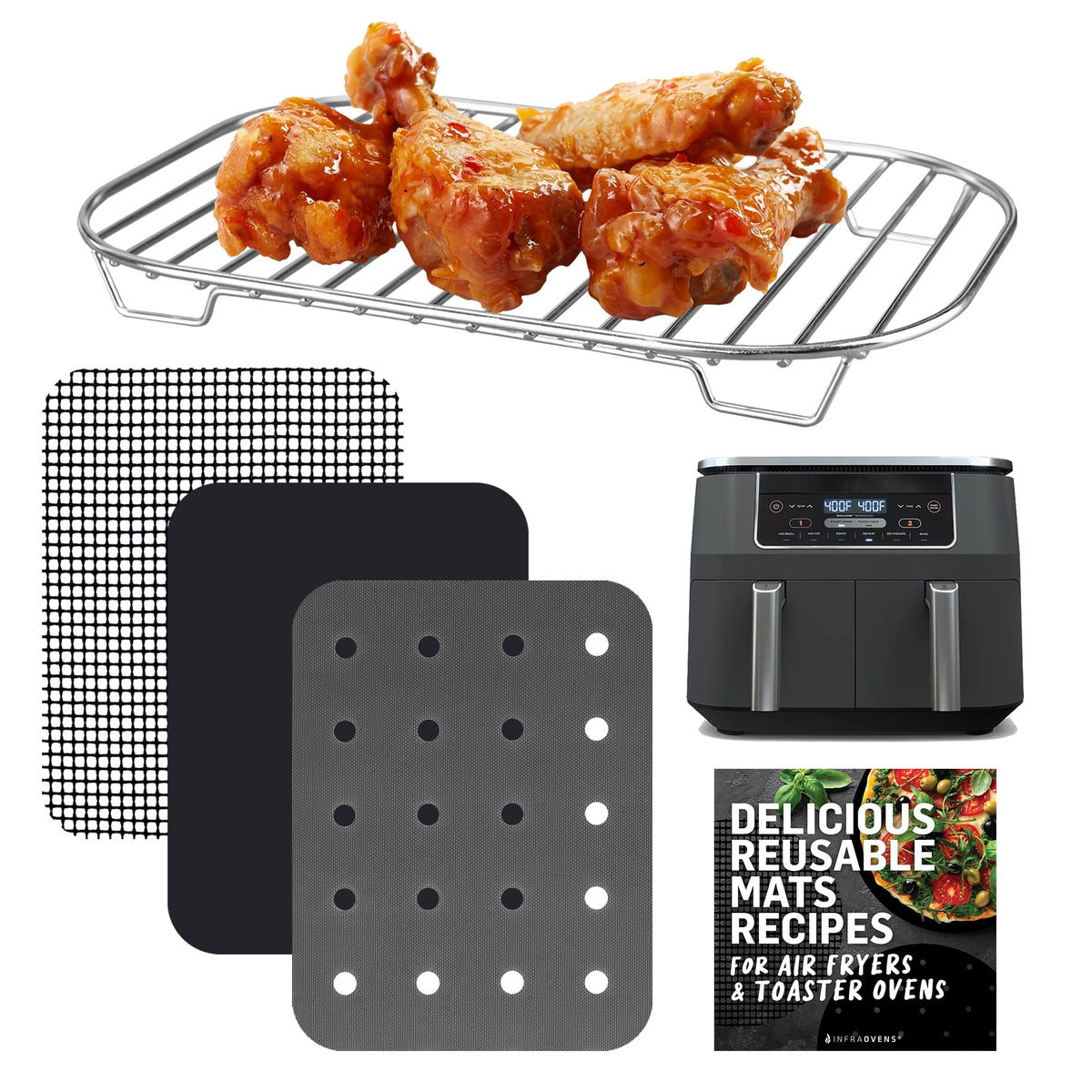 Accessories For Ninja Air Fryer 2 Basket 8 Qt Dz201 & 10 Qt Dz401, Reusable Sheets Liners And Rack For Foodi Dual Zone Double Ai