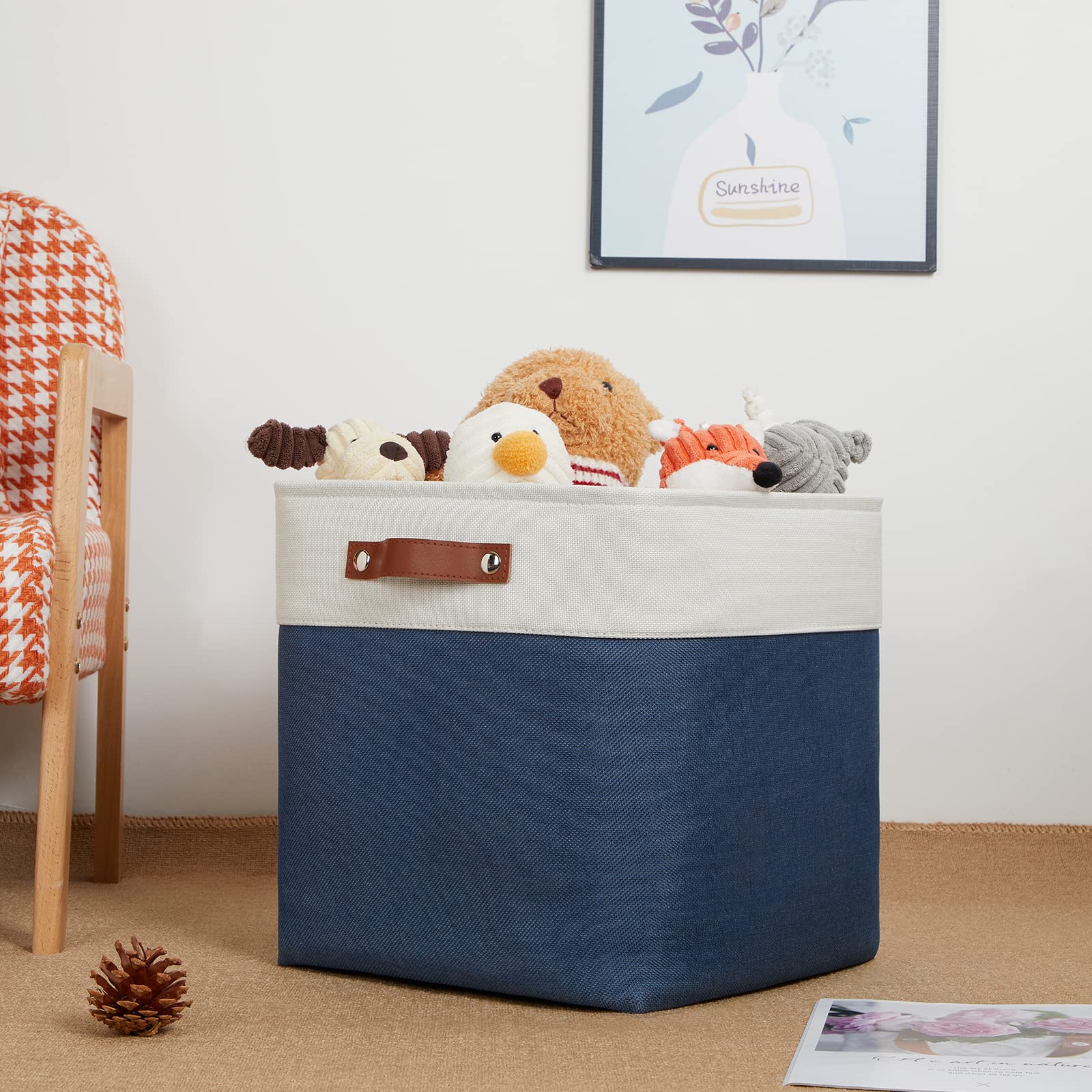 DULLEMELO Storage Baskets for Shelves Closet Storage Large Home Organization Bins for Gifts Empty Foldable Fabric Storage Cubes Baskets for Nursery Toy Towels Clothes Storage(White&Blue) Cube-13 inches x13 inches x13 inches