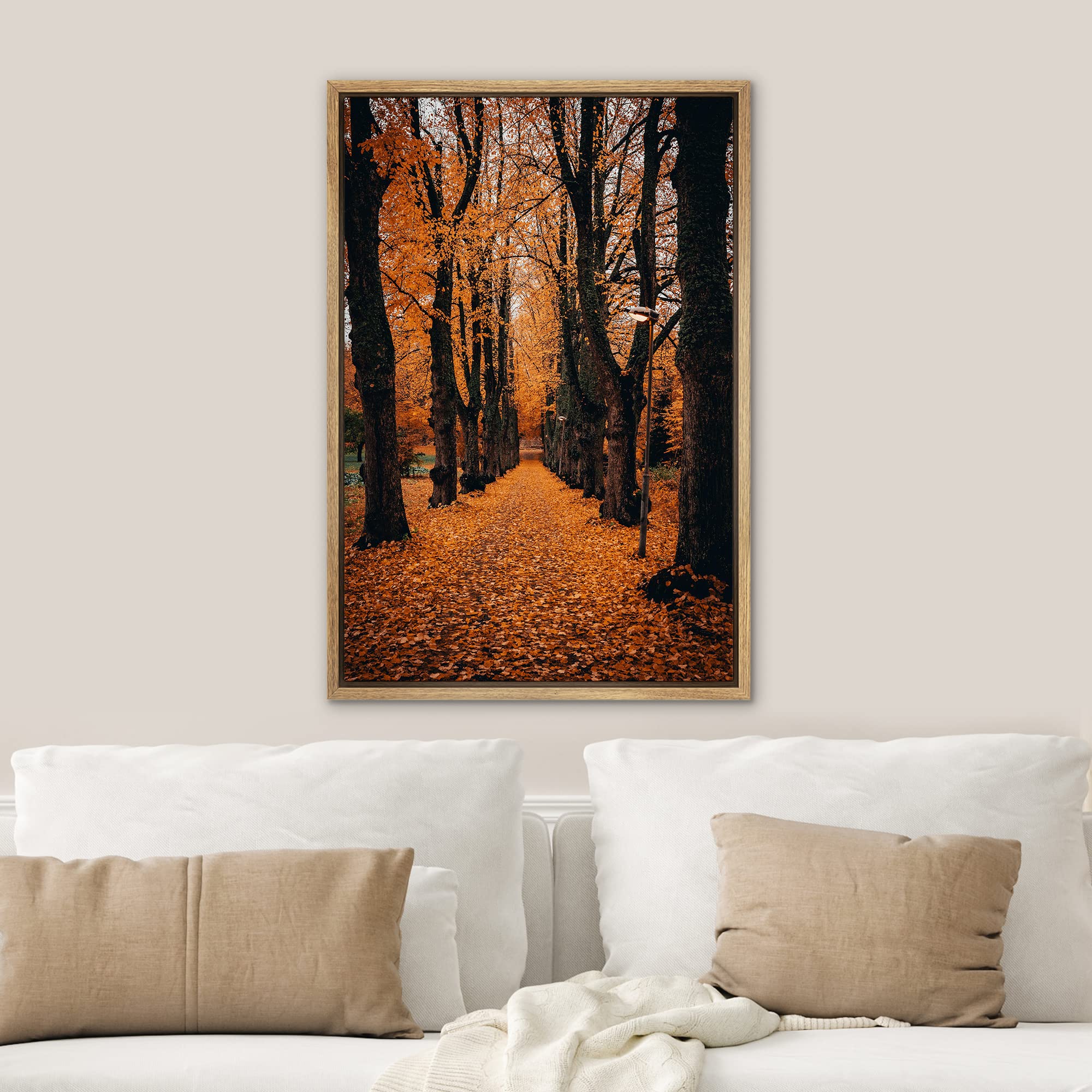 Signwin Framed Canvas Wall Art Orange Autumn Garden Path Nature Forest Realism Rustic Scenic Dramatic Multicolor Cool For Living