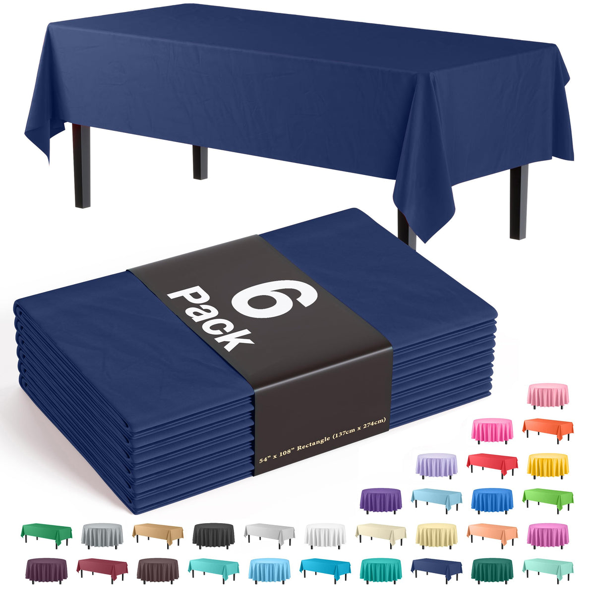 Exquisite 6-Pack Premium Plastic Tablecloth 54In. X 108In. Rectangle Plastic Table Cover - Navy