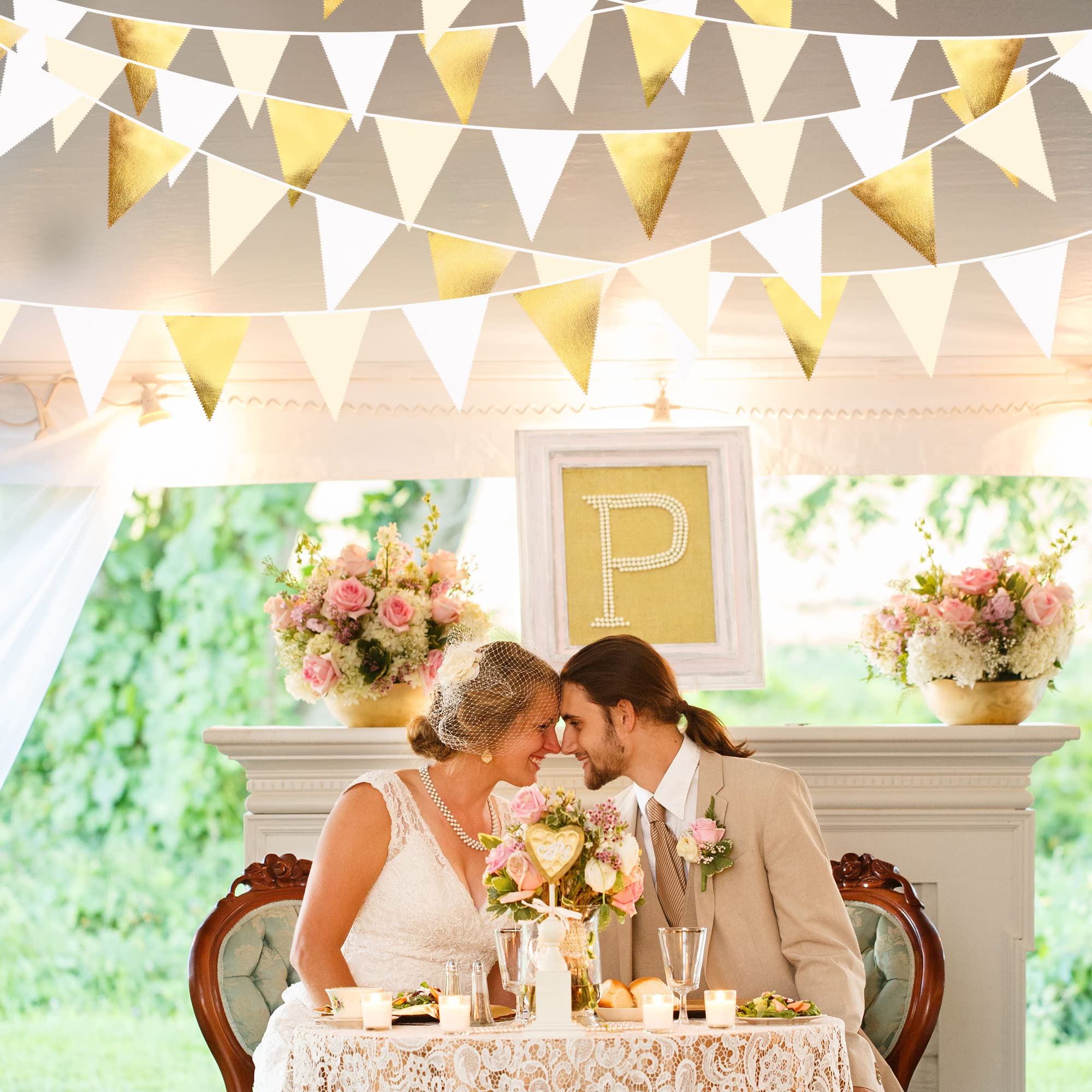 White And Gold Party Decorations Gold Beige White Fabric Triangle Pennant Banner Flag Bunting Garland For Graduation Wedding Bir