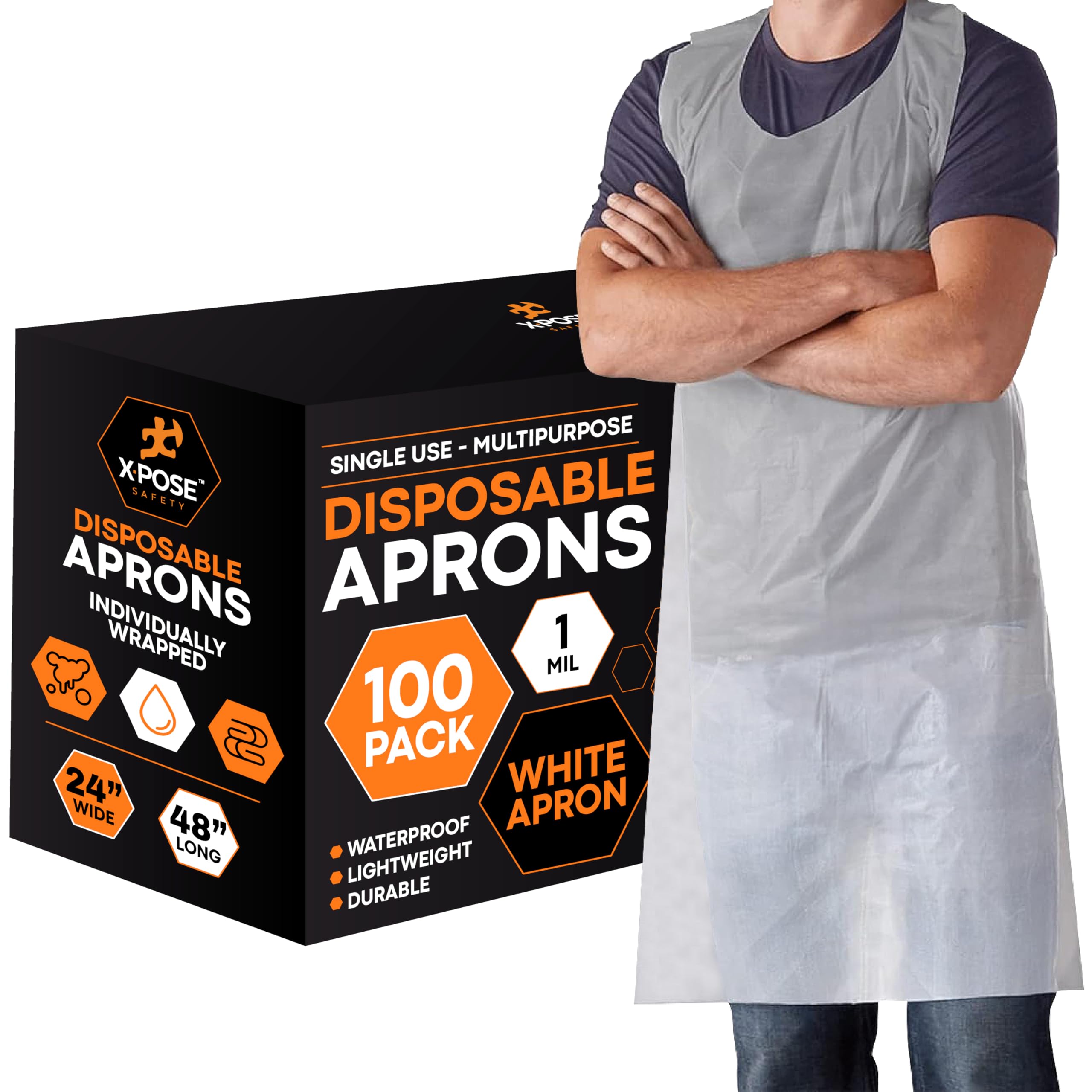 Xpose Safety 100 White Plastic Disposable Aprons for Cooking & more Individually Packaged, Durable 1 Mil Waterproof Polyethylene