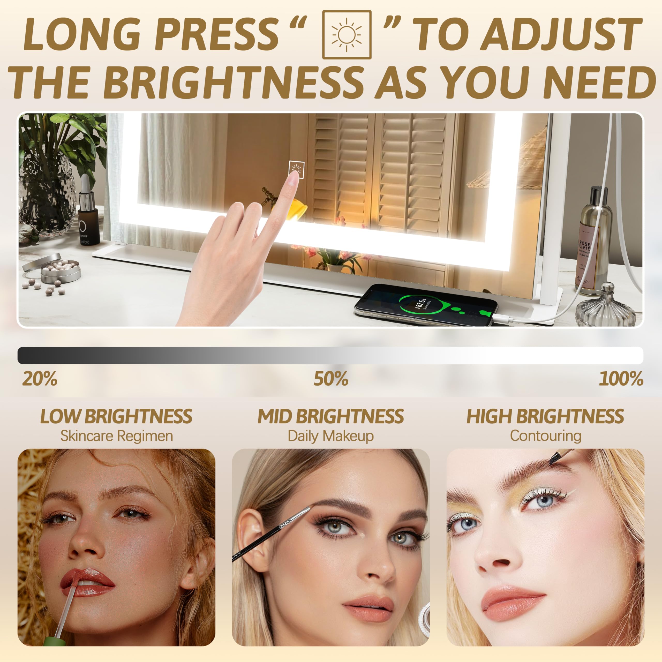 Rolove Vanity Mirror With Lights 22''X18'', Lighted Makeup Mirror With 10X Magnification, Smart Touch 3 Colors Dimmable, 360 Rot