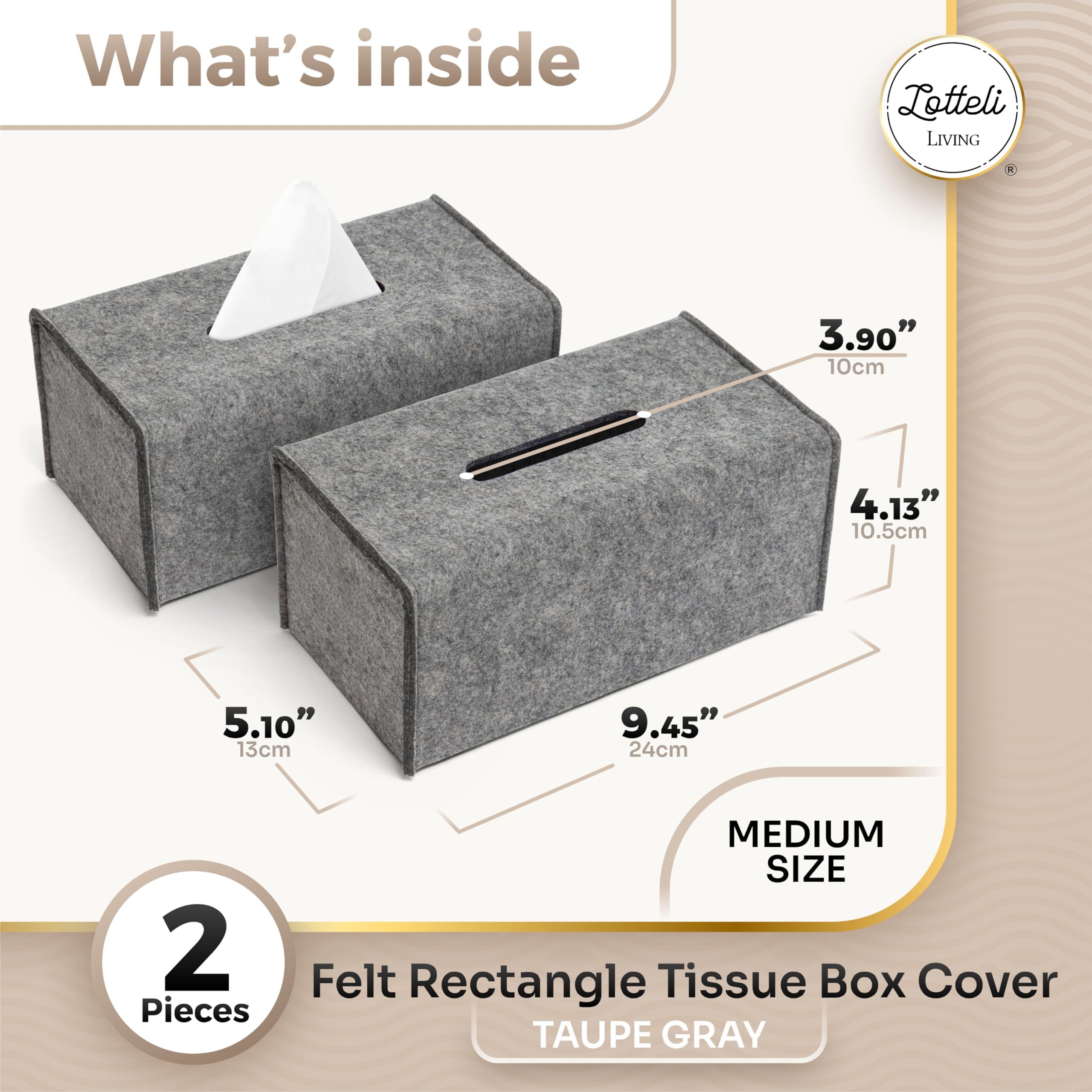 2 Pack Tissue Box Cover - Decorative Tissue Box Holder - Modern Felt Tissue Box Cover Rectangle - Medium Size - Taupe