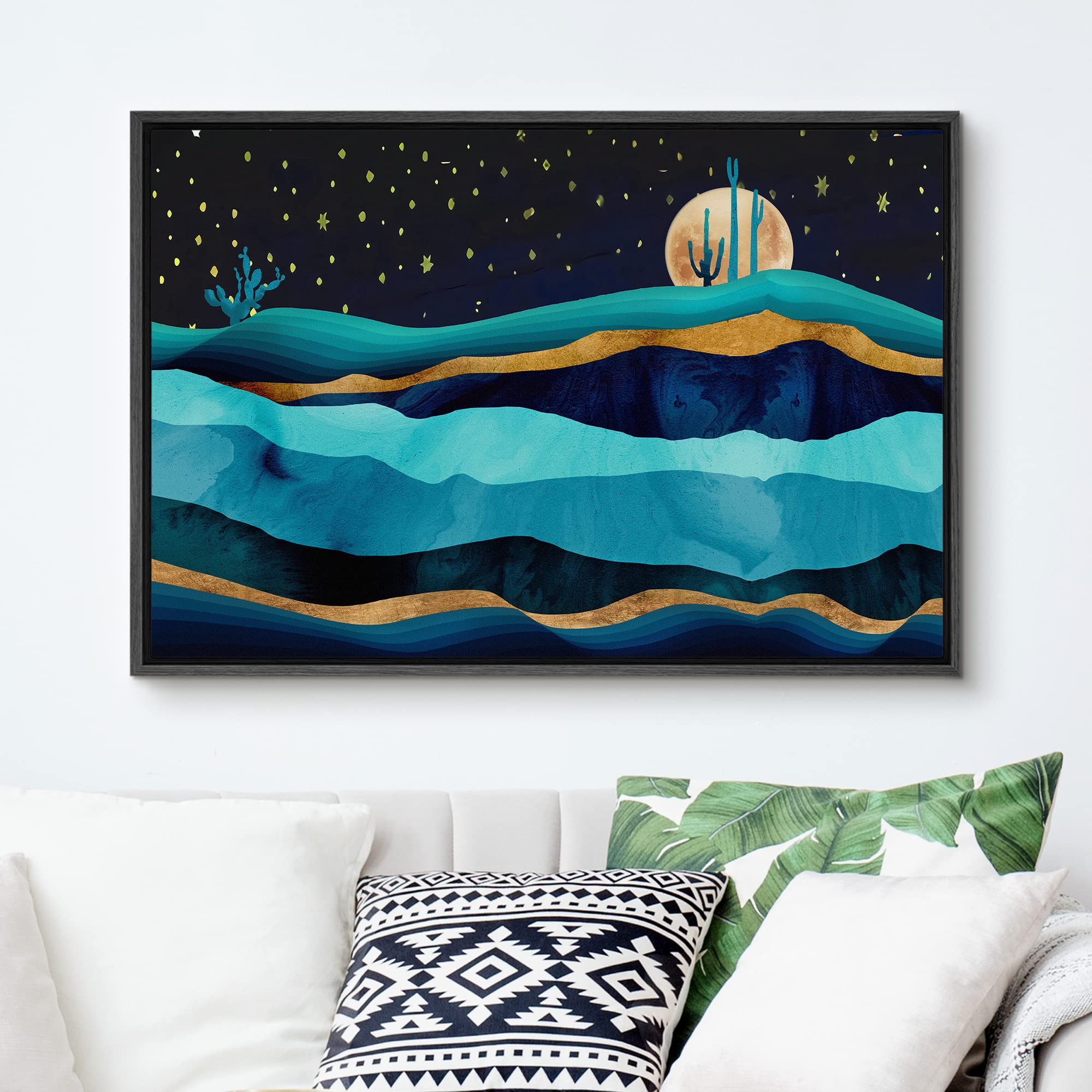 Signford Framed Canvas Print Wall Art Gold Teal Moon Marble Mountain Range Nature Wilderness Illustrations Modern Art Rustic Zen