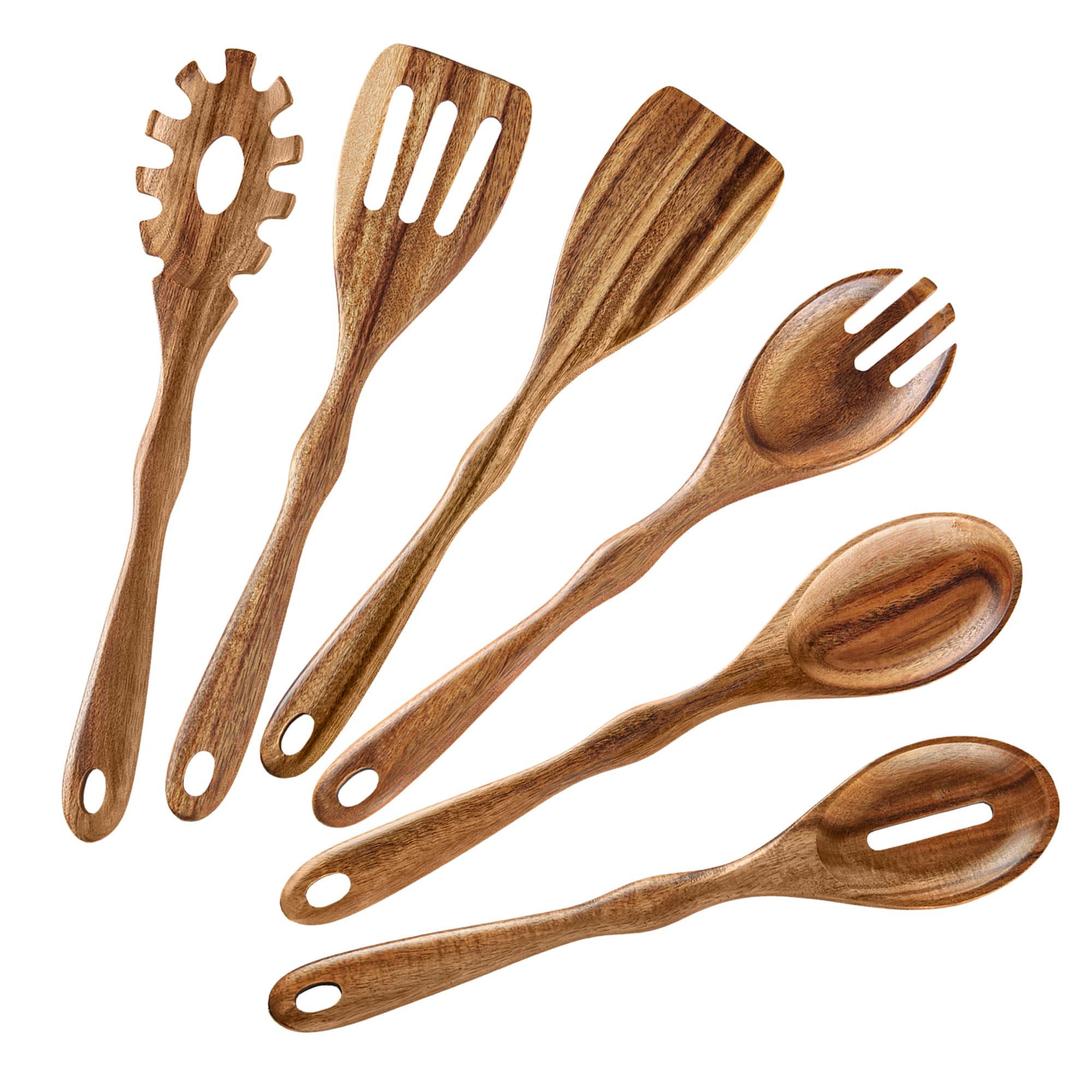 Karryoung Acacia Wood Spoons For Cooking - 6 Piece Non Stick Wooden Spoon Set - With Slotted Spoon, Salad Fork, Spatula, Pasta S