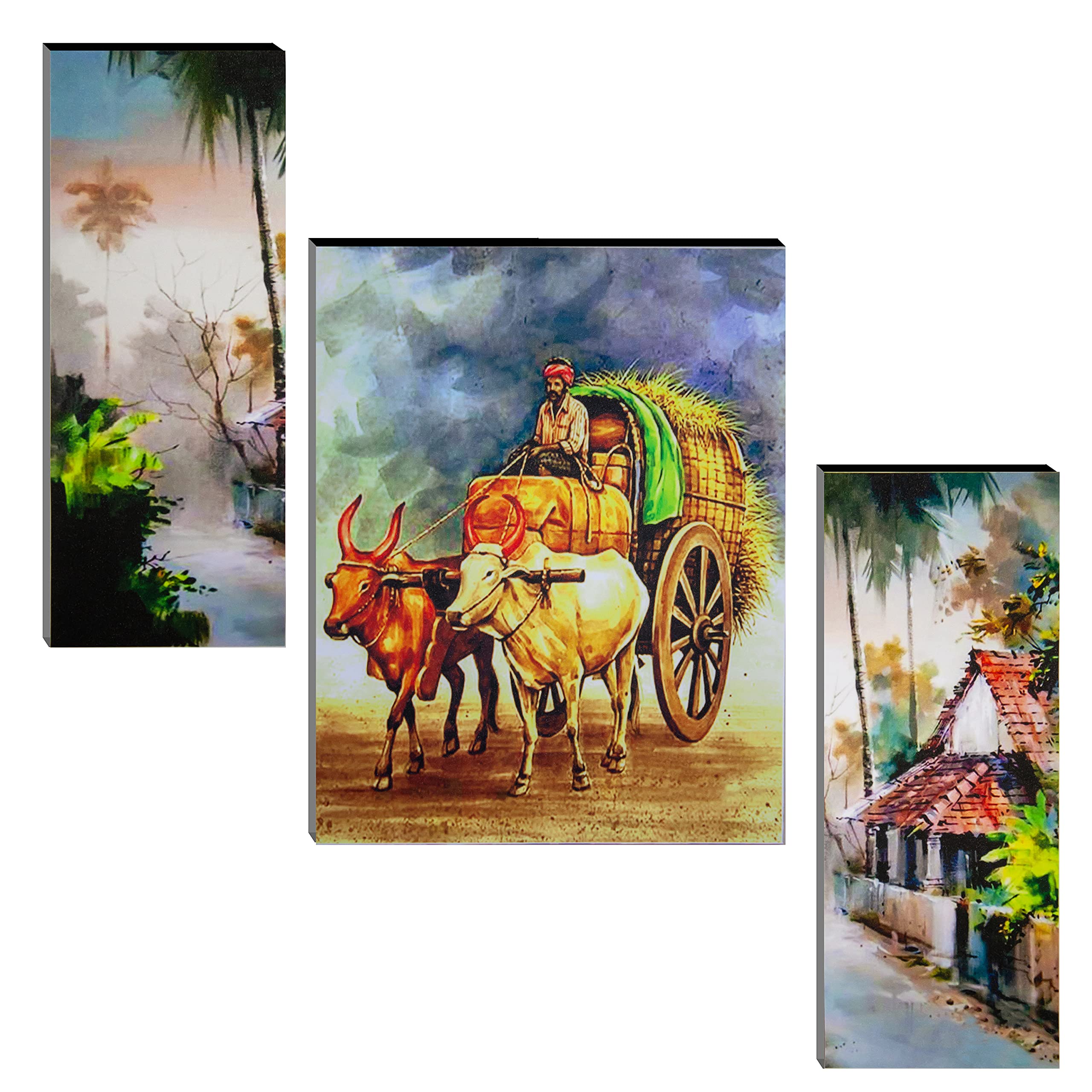 Indianara Set Of 3 Indian Village Mdf Art Painting (3581Fl) Without Glass 4.5 X 12, 9 X 12, 4.5 X 12 Inch