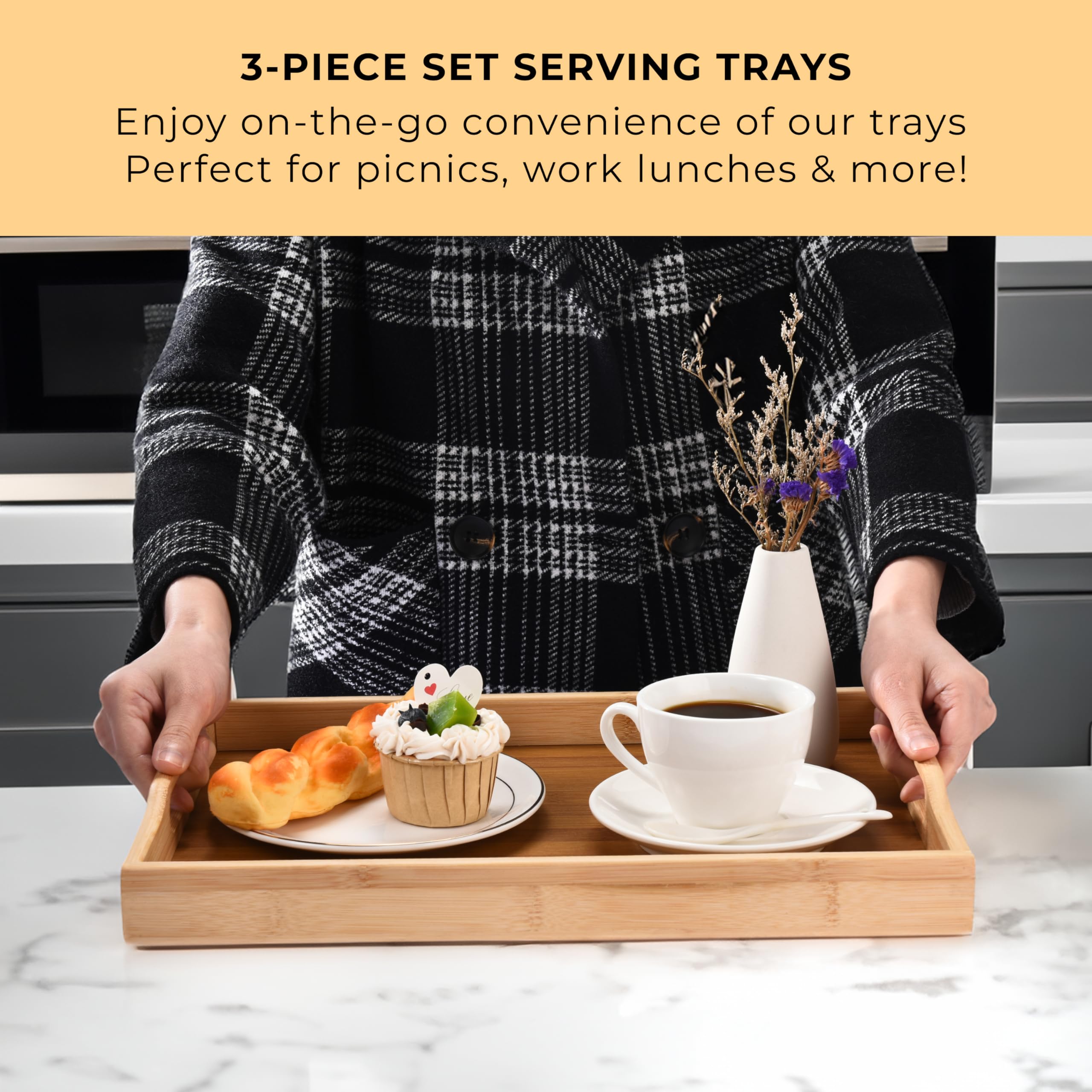 Prosumers Choice 3-Piece Set Bamboo Serving Trays With Handles - With Sizes, 1Xs (38.1X25.4X4.9Cm), 1Xm (40.6X28.0X4.9Cm), 1Xl (