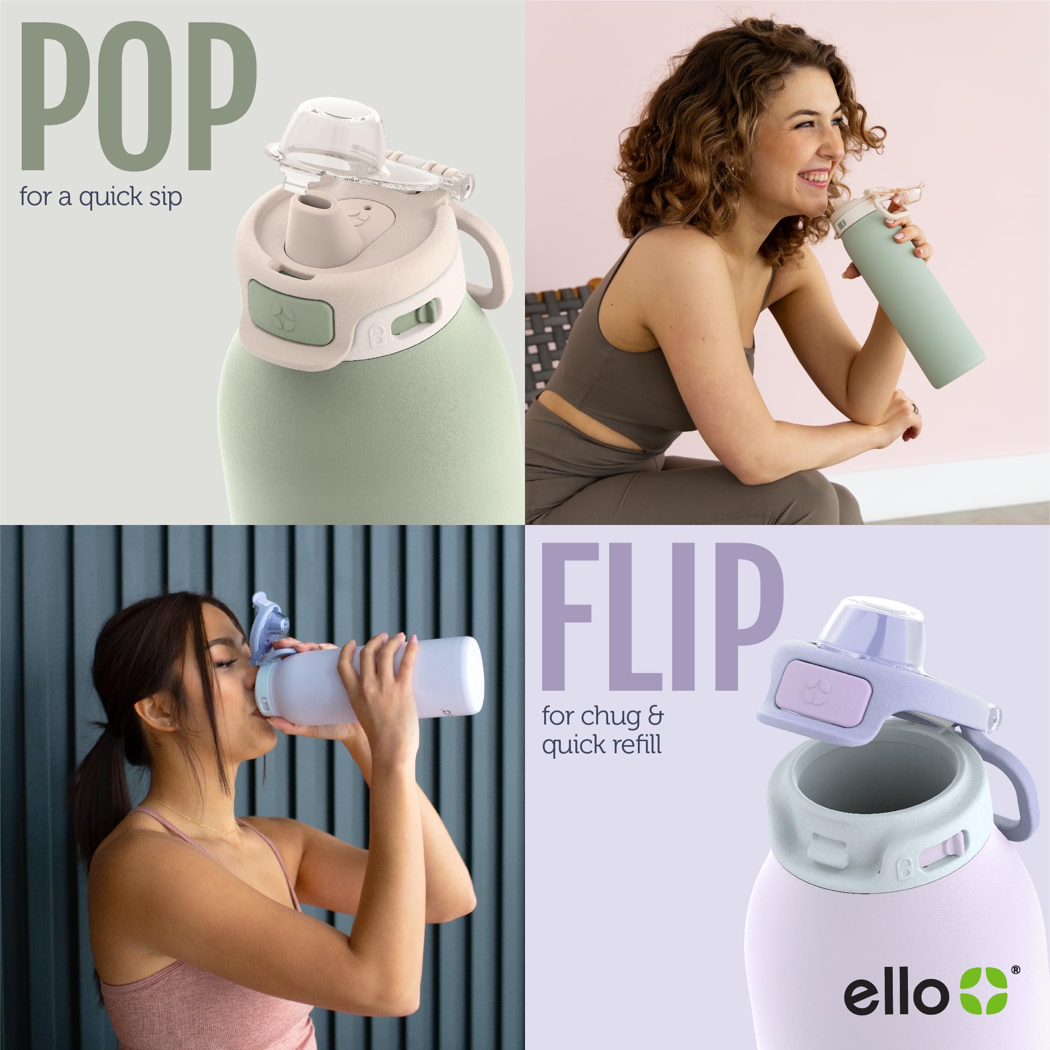 Ello Pop & Fill 32Oz Stainless Steel Water Bottle With Quick Fill Technology, Double Walled And Vacuum Insulated Metal, Leak Pro