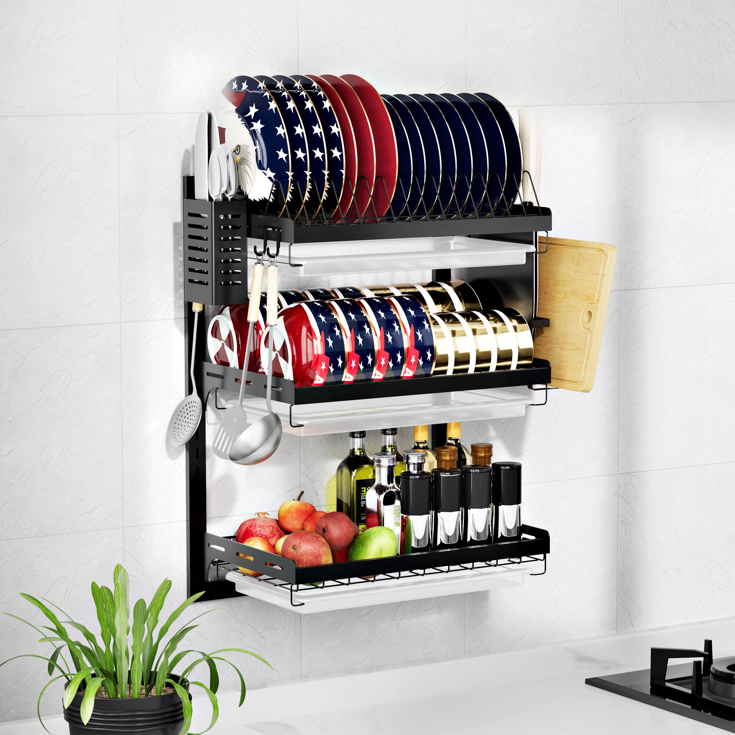 Virgorack 3 Tier Large Wall Mounted Dish Drainer, Stainless Steel Dish Rack, Dish Drying Rack For Kitchen With Utensil Organizer