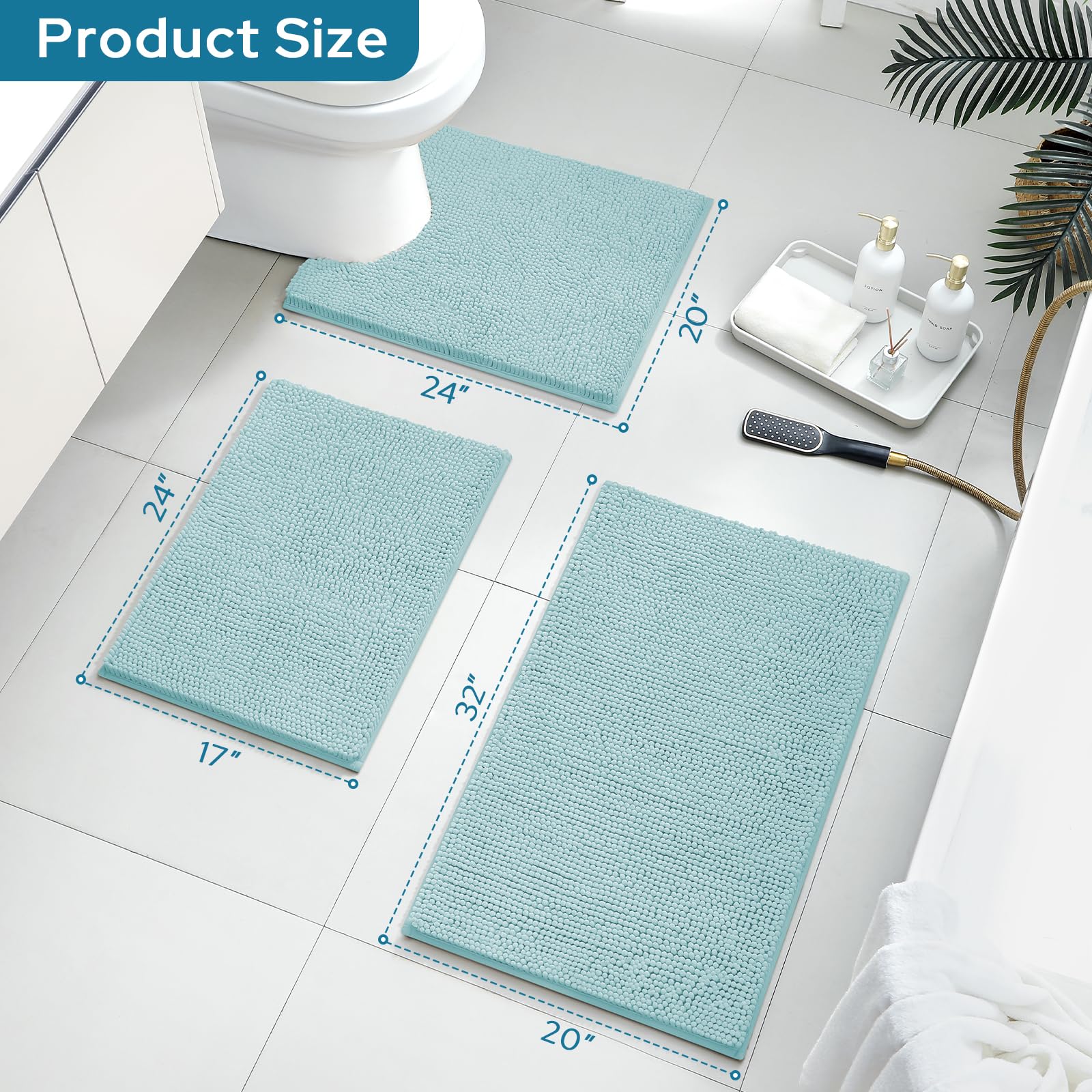 BYSURE Baby Blue Bathroom Rugs Sets 3 Piece Non Slip Extra Absorbent Plush Chenille Soft Washable Bath Rugs and Mats Set (Light Blue)