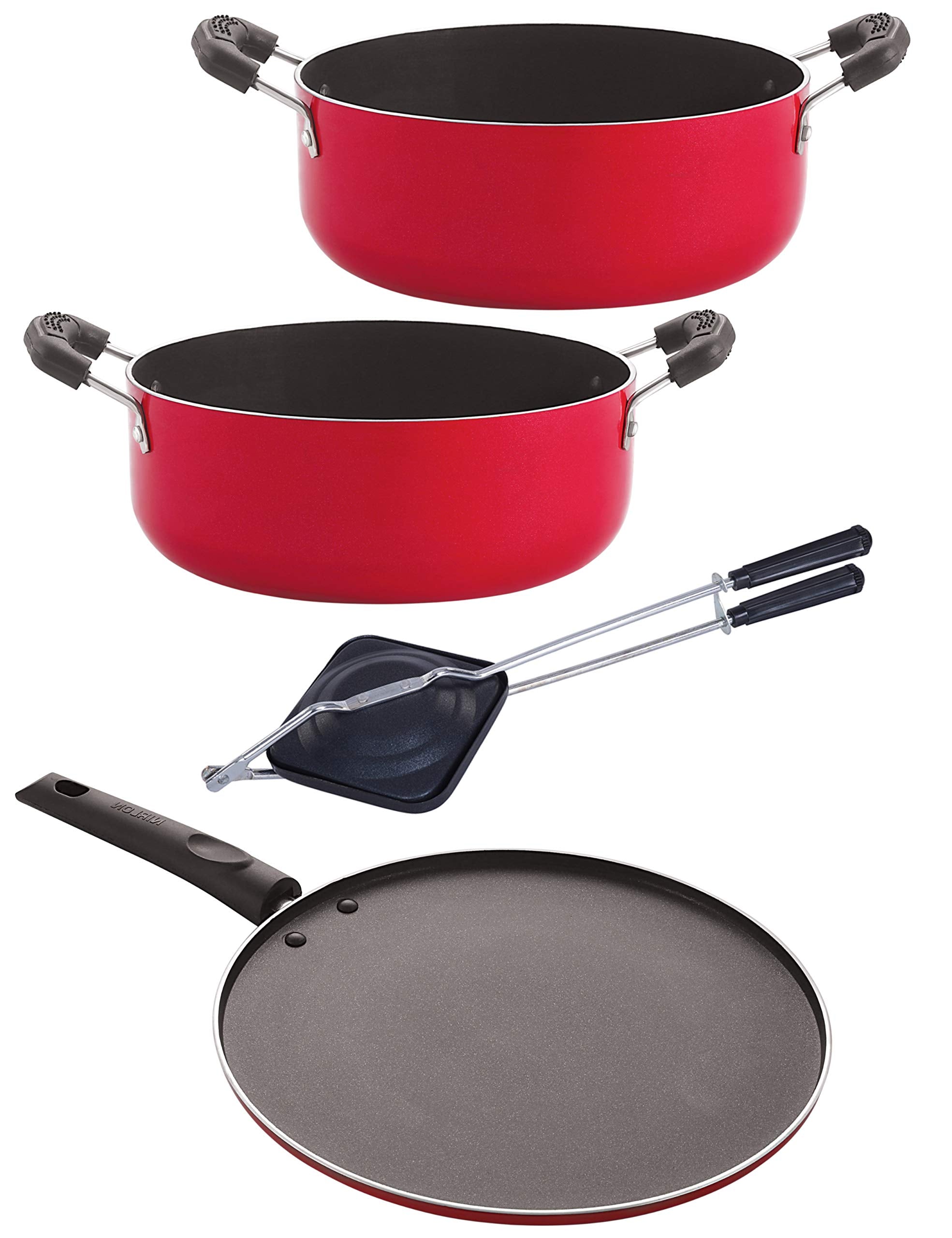 Nirlon NonStick Casserole Smart Tawa Hand Toaster Casserole Aluminium Cookware Set, 4Pieces, Red/Black(Cs20_St11_Ht_Cs24)