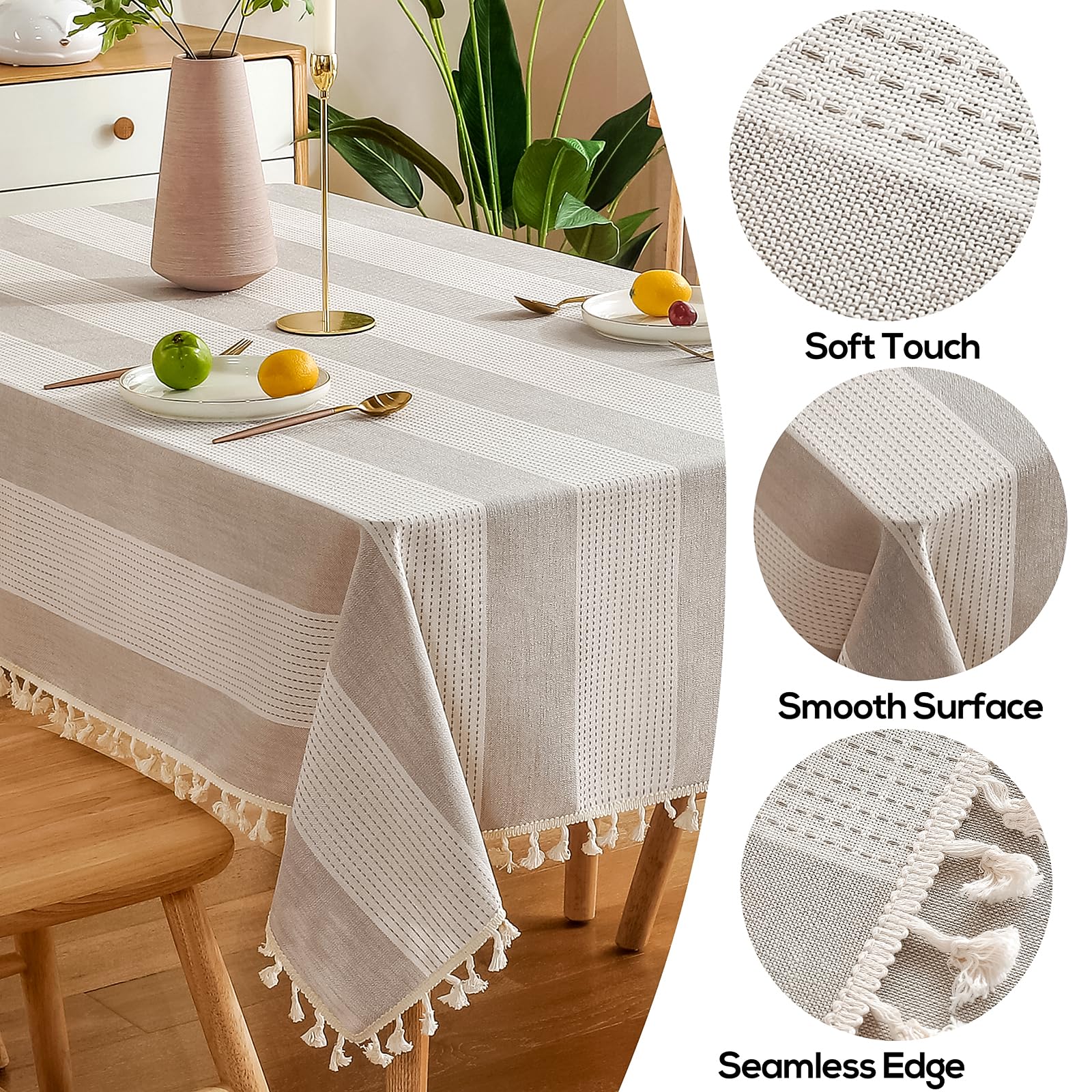 Amhoo Stitching Tassel Tablecloth Striped Table Cloth Rectangle Cotton Linen Dust-Proof Table Cover For Kitchen Dinning 54 X 120