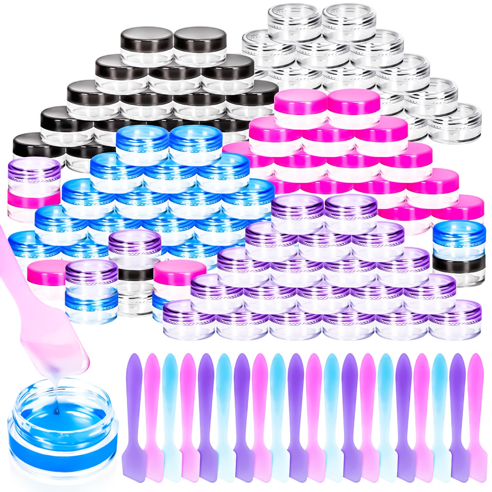 Motbach 100 Pcs 5G Empty Plastic Containers With Colored Lids,Mini Makeup Sample Containers, Small Sample Pot Jars Round Cosmeti