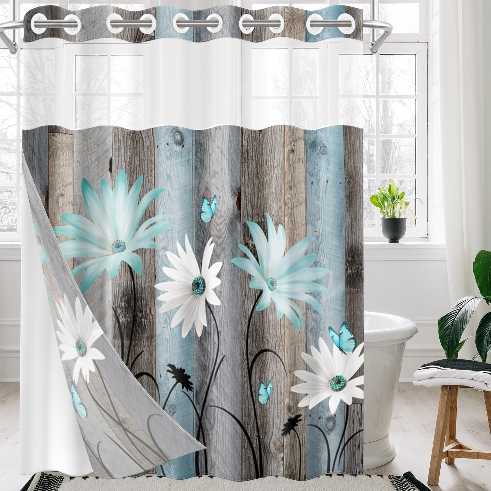 Nesphy No Hook Rustic Farmhouse Shower Curtain With Snap In Fabric Liner Set, Teal Daisy Flowers And Butterfly On Wooden Double