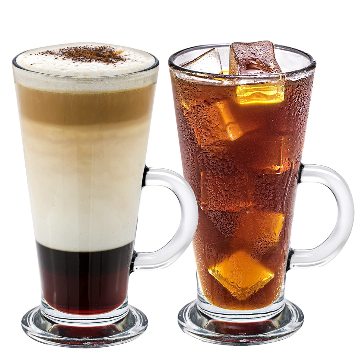 Crystalia Tall Irish Coffee Mugs With Handle, Large Colombian Glasses Set Of 2, Tall Funnel Clear Glasses For Iced Coffee, Latte