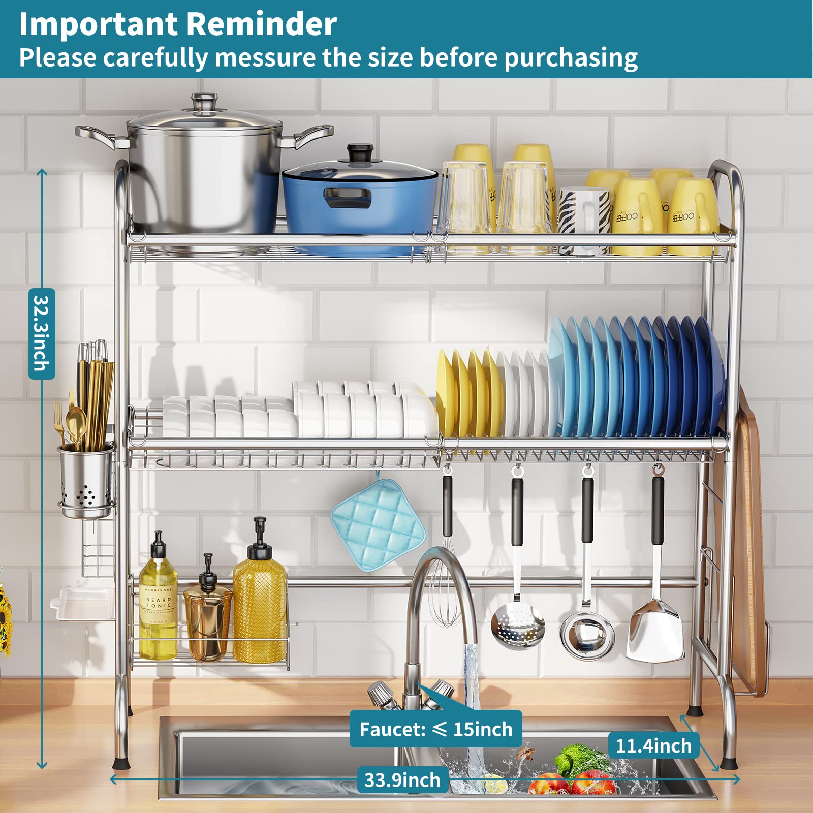 Over The Sink Dish Drying Rack, Howdia 2-Tier Stainless Steel Large Over The Sink Dish Rack With Utensil Holder Dish Drainers Fo