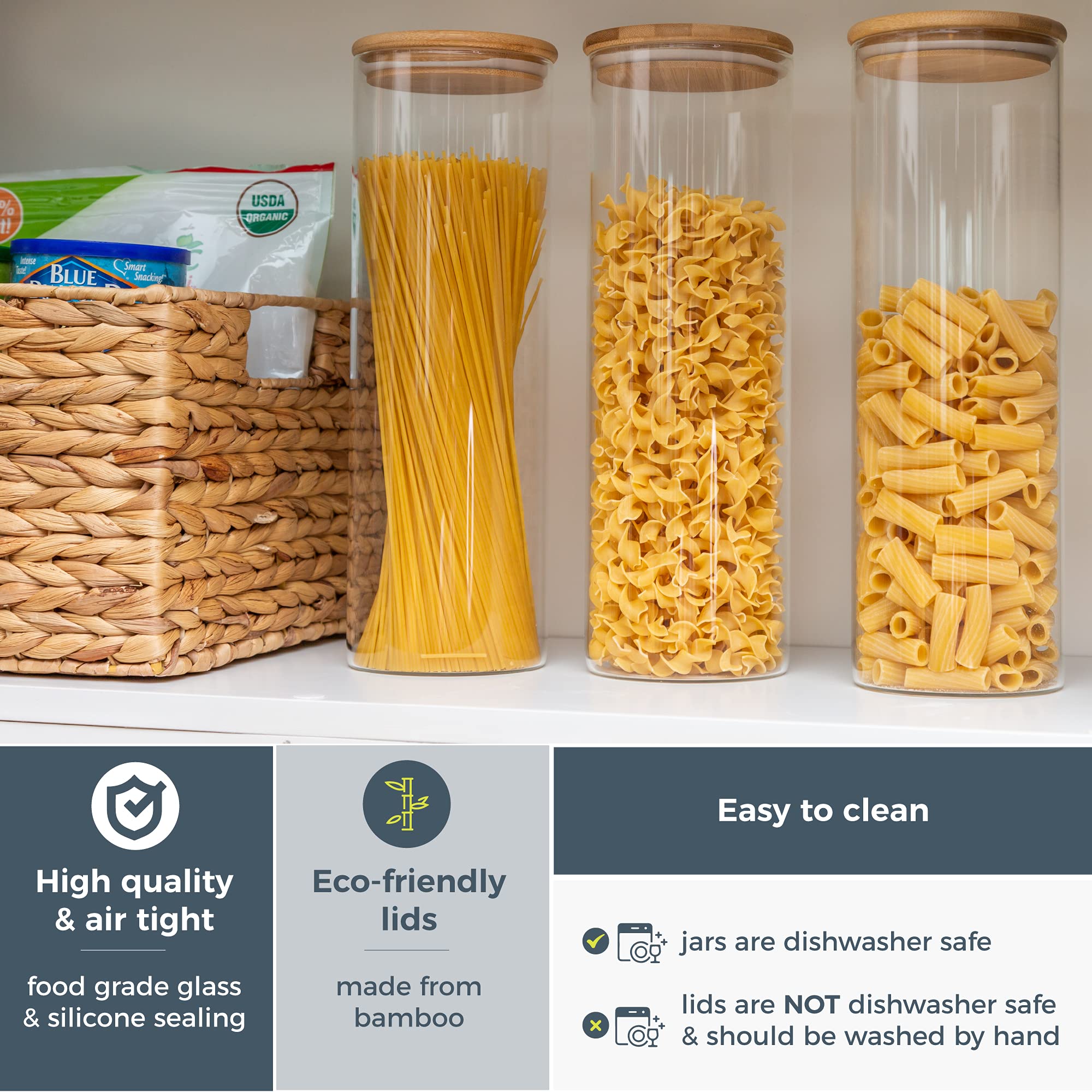Crutello Glass Food Storage Containers With Bamboo Lids, 3 Pack - 72 Fluid Oz Airtight Clear Kitchen Organization Canisters - A