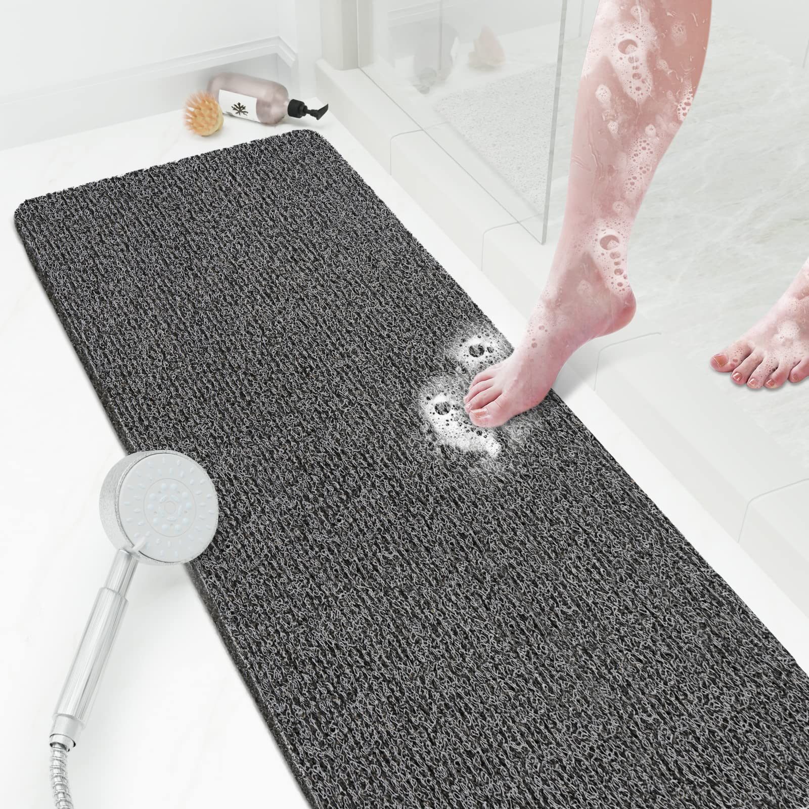 Shower Mat Bathtub Mat Non-Slip,47X16 Inch, Soft Tub Mat With Drain,Pvc Loofah Bath Mat (Phthalate Free) For Tub And Bathroom,Qu