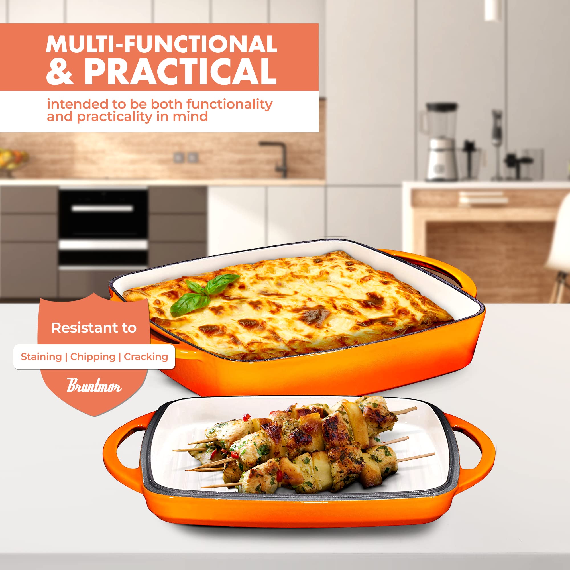 Bruntmor 2-in-1 Pre-seasoned Square Cast Iron Dutch Oven With Dual Handles  Non stick Pan with Grill  All-in-One Cookware Set  Cast Iron Casserole Dish with Lid for Braising Dishes Pumpkin Spice