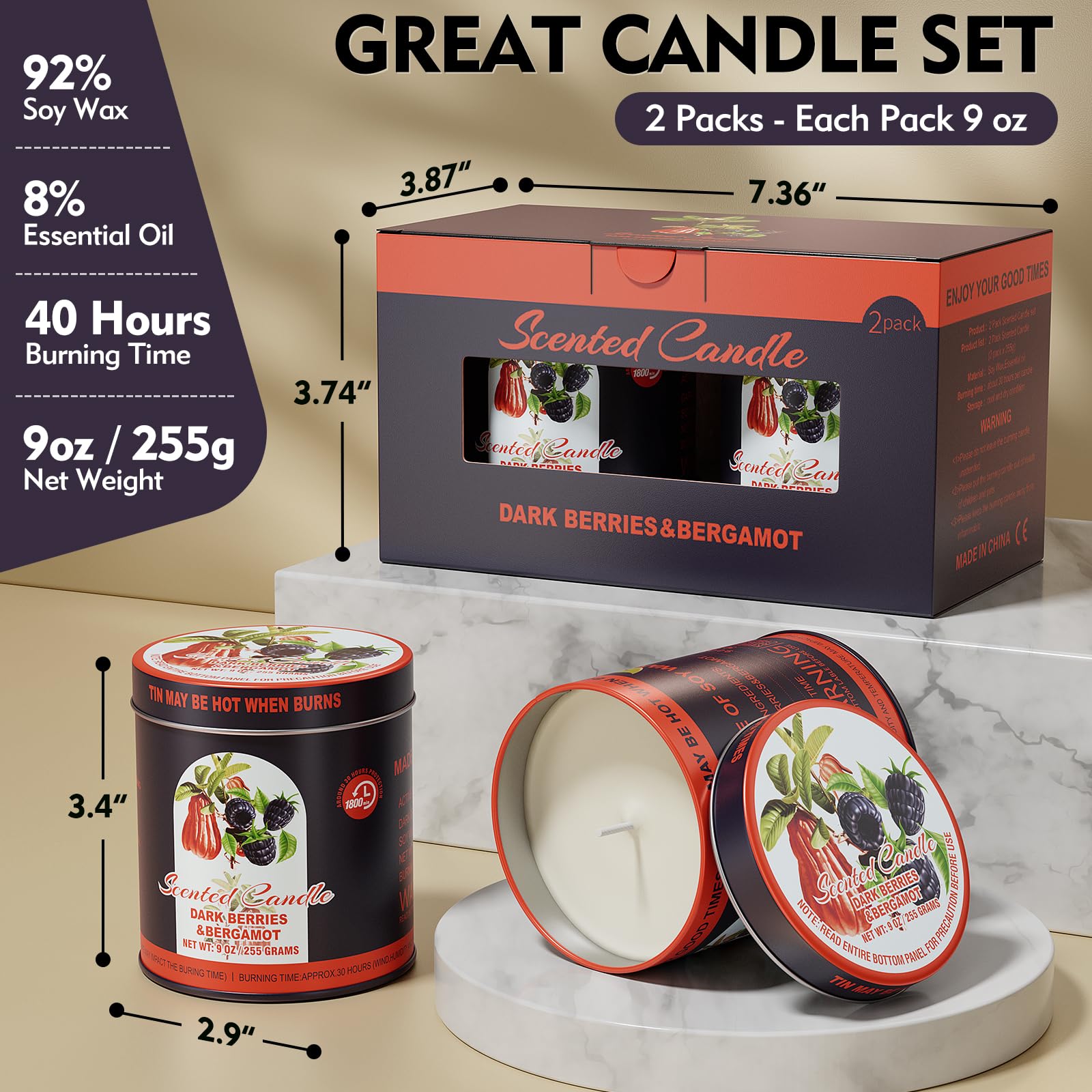 2 Pack Scented Candles (90 Total Burn Hours) - Soy Wax Candles 9 oz Each in Tin - Long Lasting Aromatherapy Candle Gift Set (Dar
