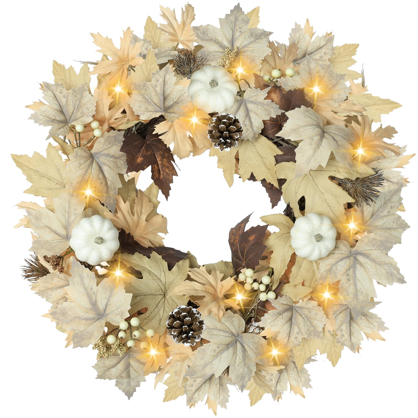 Realistic Fall Wreath with Lights, 22 Fall Wreaths for Front Door with Pumpkins Fall Leaves Berries Pine Cones,Autumn Wreath Fal