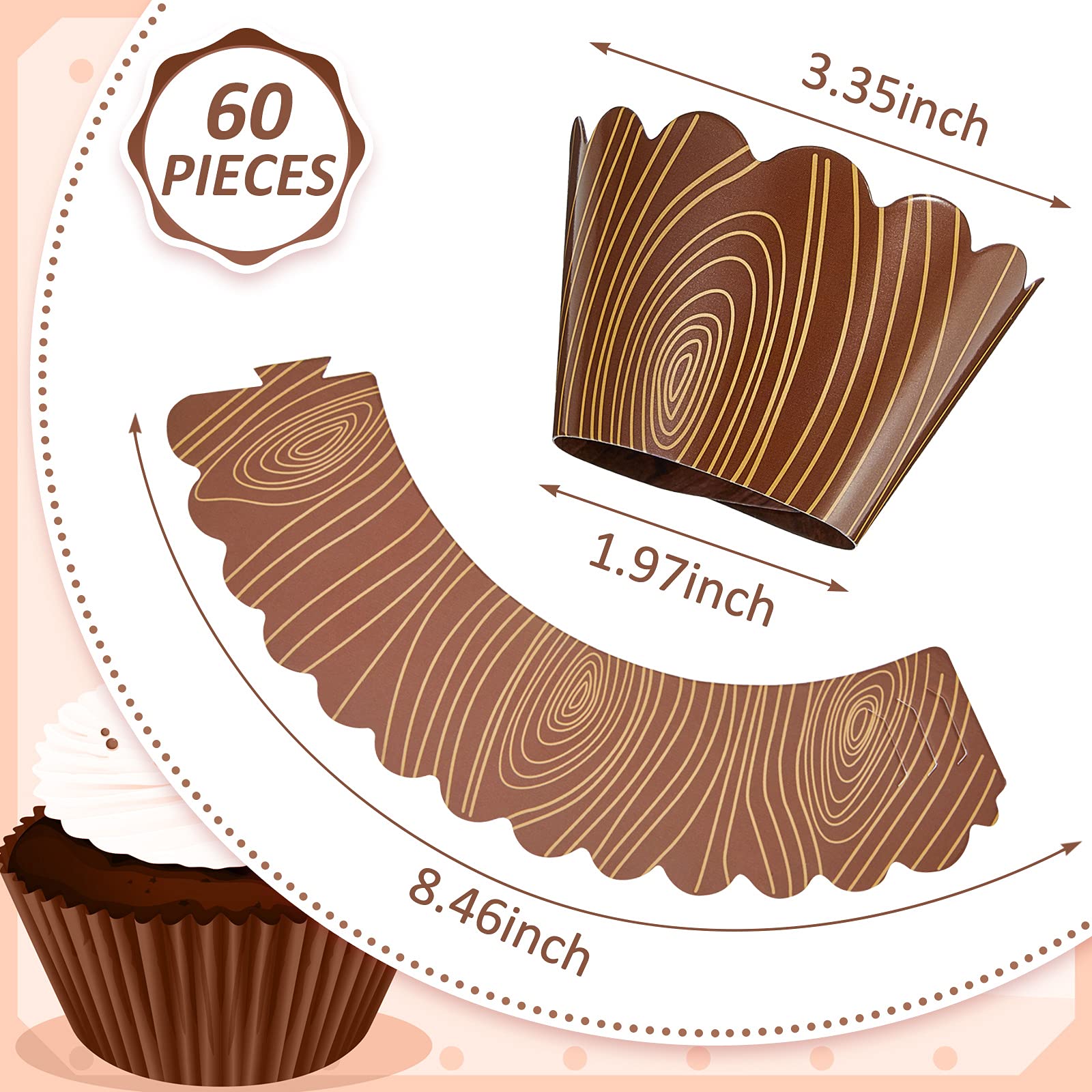 60 Pieces Wood Grain Cupcake Wrappers For Woodland Animal Baby Shower Decorations, Cup Cake Wraps For Outdoor Camp Party Rustic
