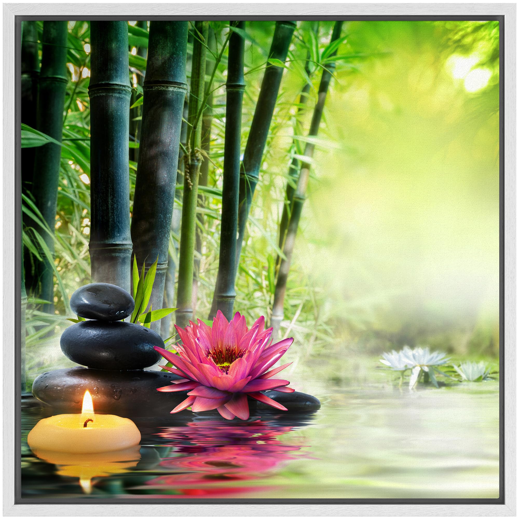 Wall26 Framed Canvas Print Wall Art Water Lily, Zen Stones, Candle & Bamboo Forest Floral Nature Digital Art Modern Art Rustic R