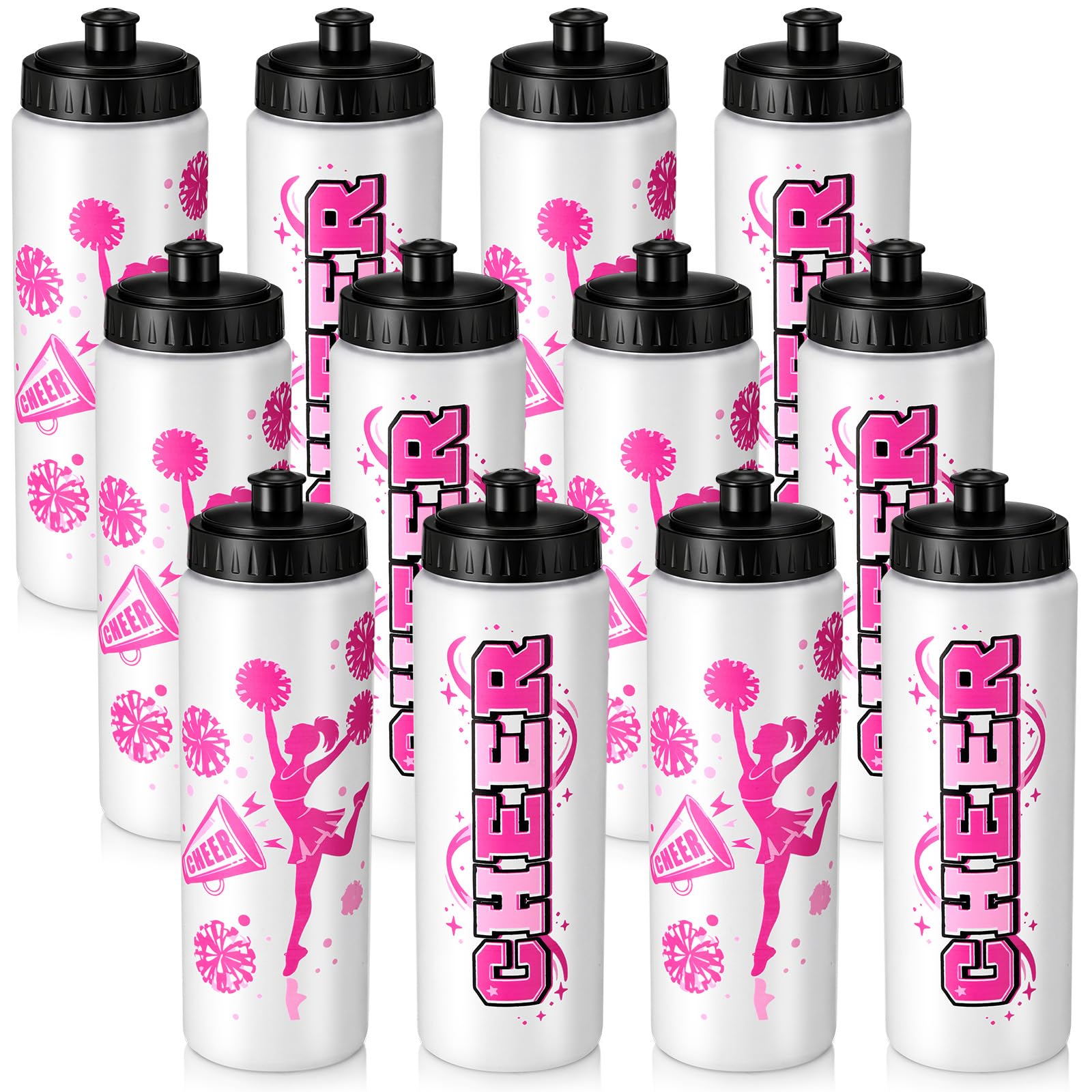 Skybooly 12 Pcs Cheer Water Bottles Plastic 20oz, Cheerleader Gifts Bulk for Team Cheerleader Water Bottles Squeeze Sports Cheer