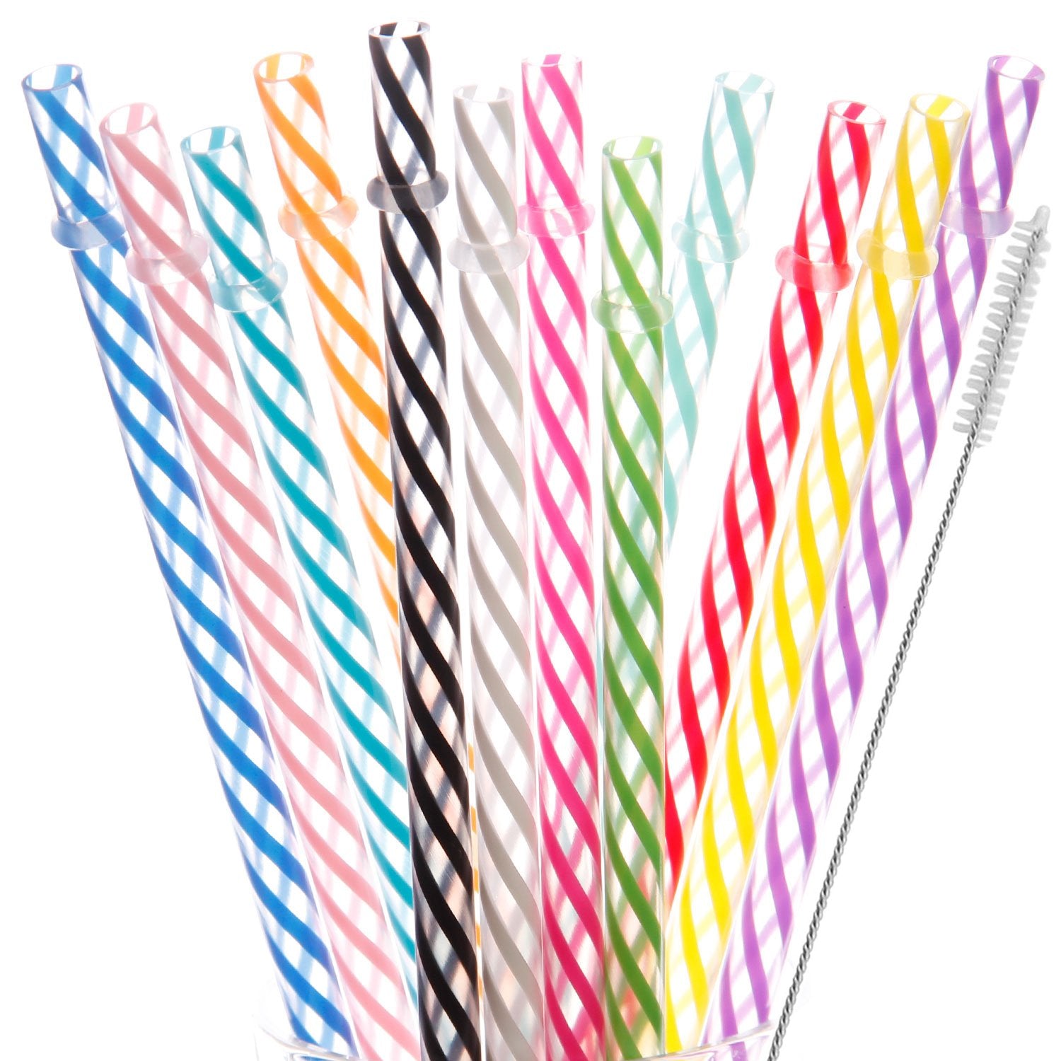 Dakoufish 12 Piece 9 Inch Reusable Plastic Thick Drinking Straws BPA Free Mason Jar Straws Transparent Small Stripe (9inch, Mix 