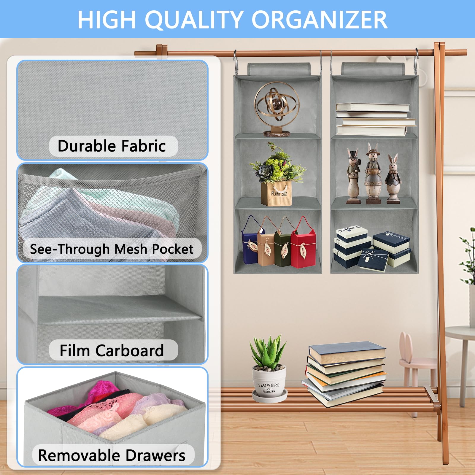 Punemi 3-Shelf Hanging Closet Organizer, 2 Pack Closet Hanging Organizer With Drawers, Foldable Hanging Closet Shelves For Rv, C