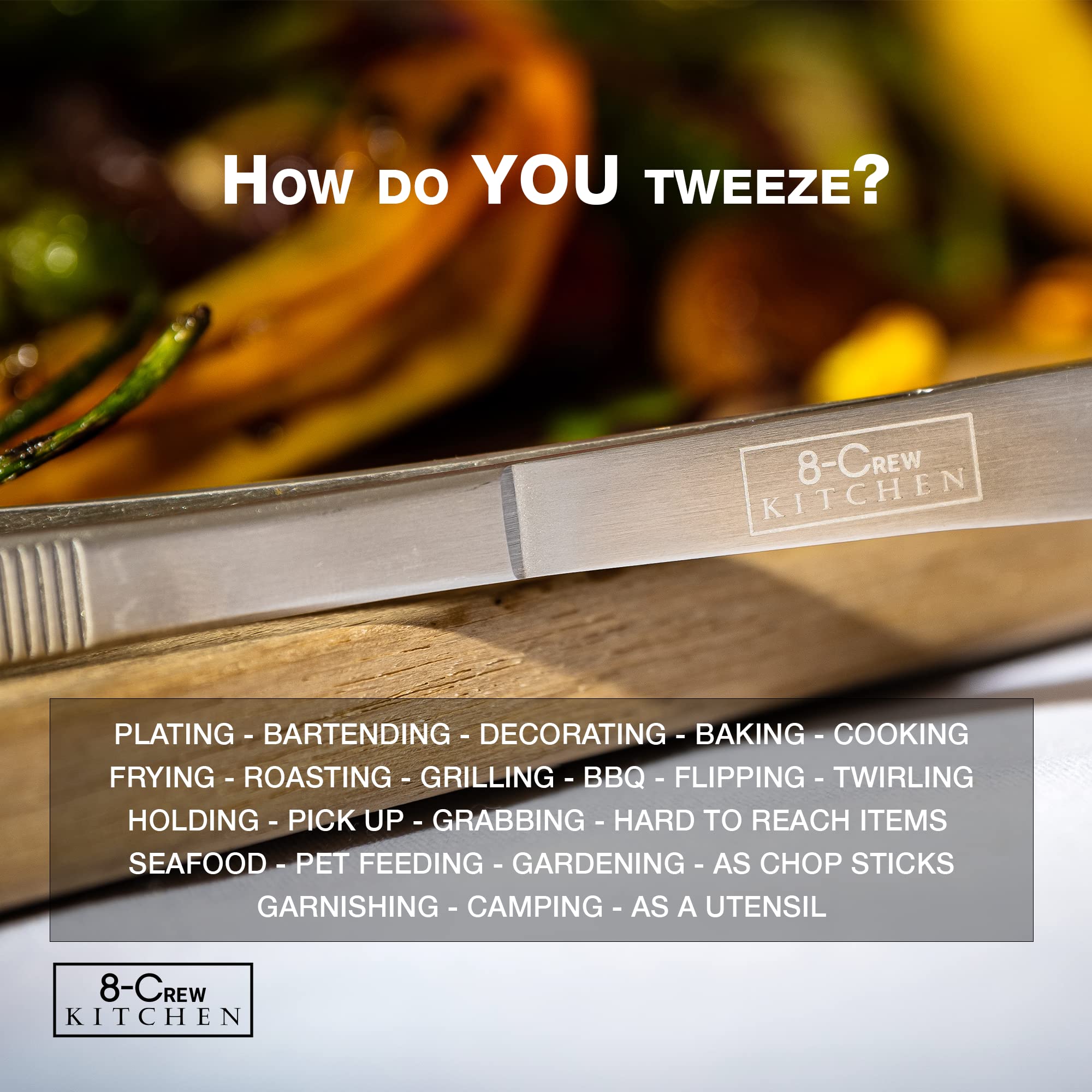 8-Crew Kitchen Cooking Tweezers - 12 Inch 304 Stainless Steel Set Of 2 - Culinary Chef Tweezers For Multi-Purpose, Plating, Food