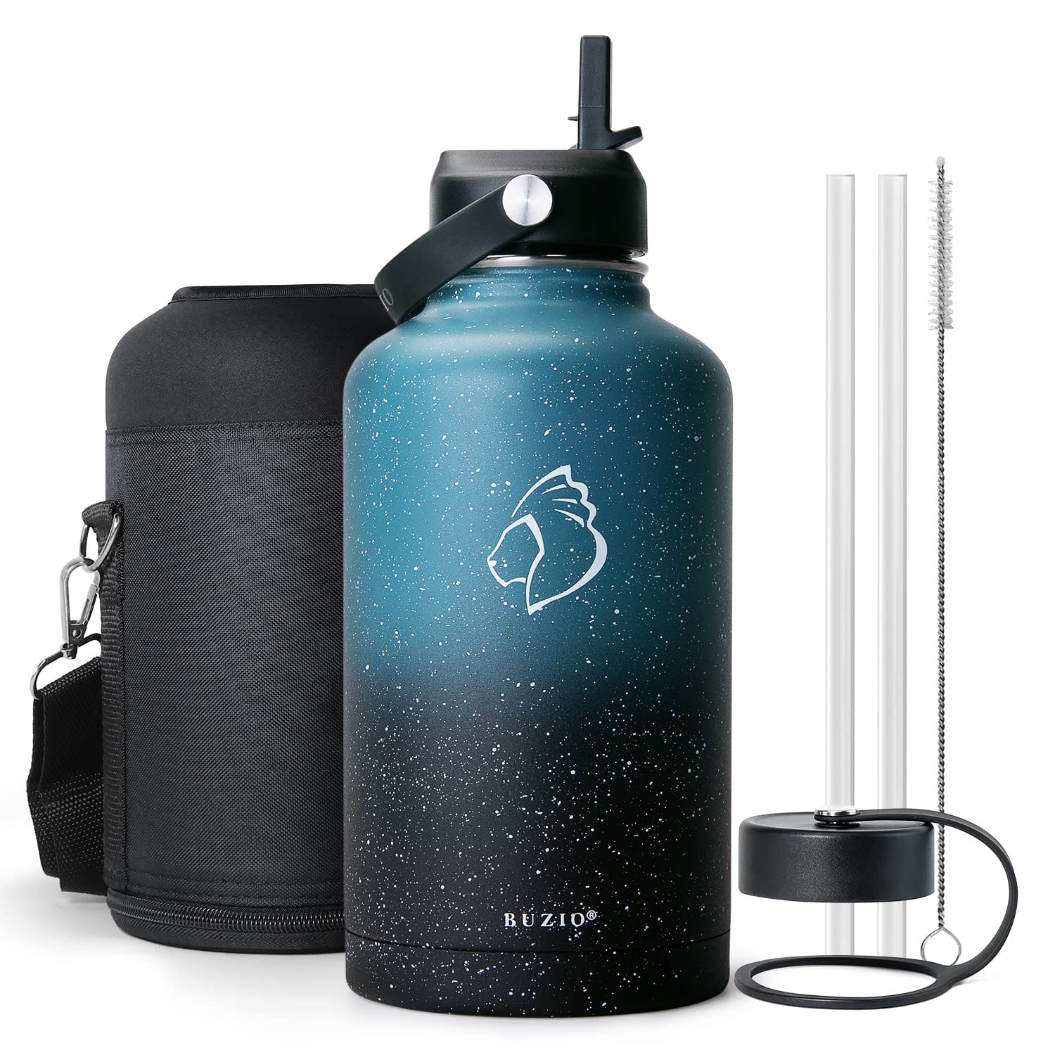 Buzio 64Oz Insulated Water Bottle With Straw Lid, Half Gallon Double Wall Food-Grade Stainless Steel Water Bottle With Carrying