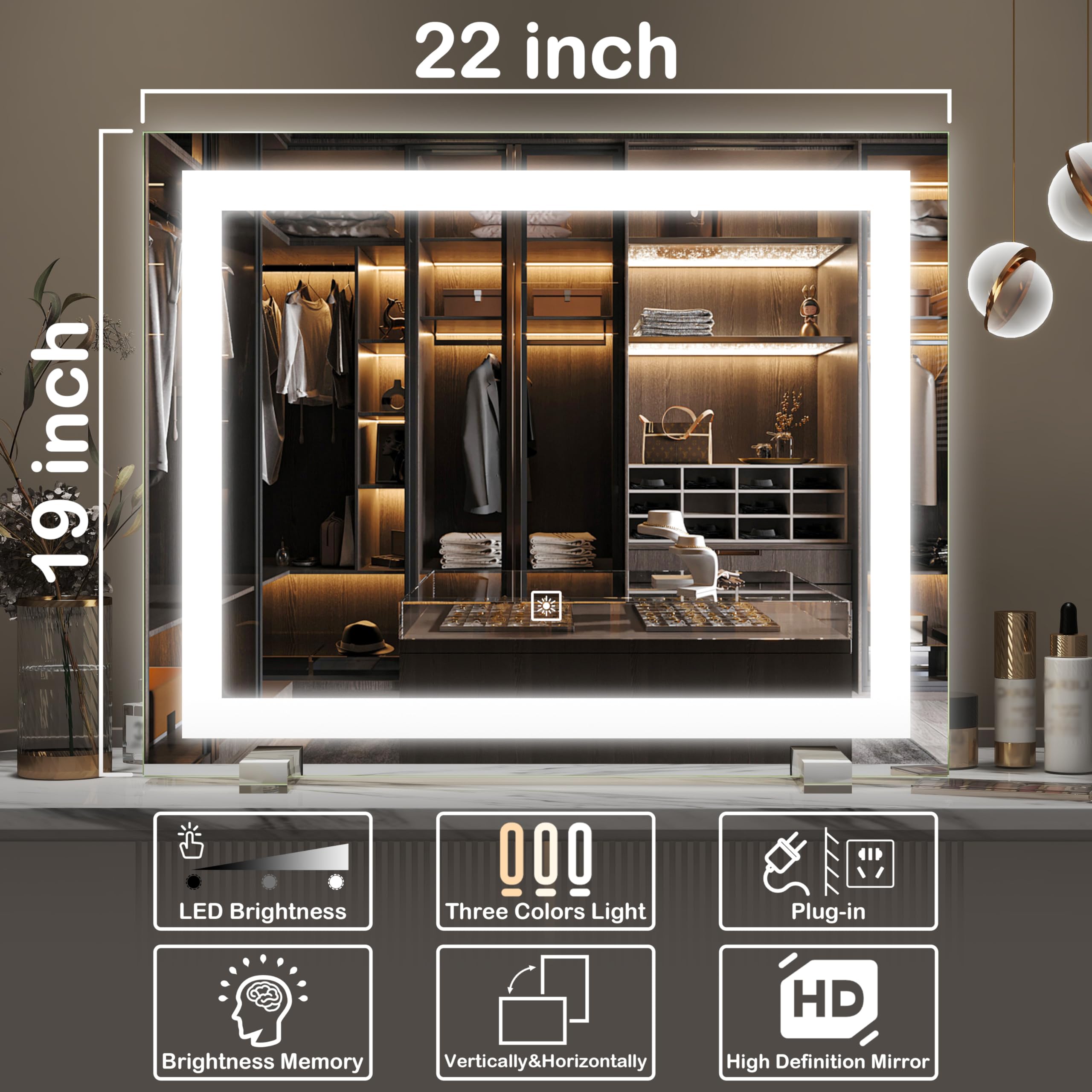 Fennio Vanity Mirror With Lights,20X23 Lighted Makeup Mirror, Large Makeup Mirror With Lights, Touch Sensor With Dimmable 3 Mode