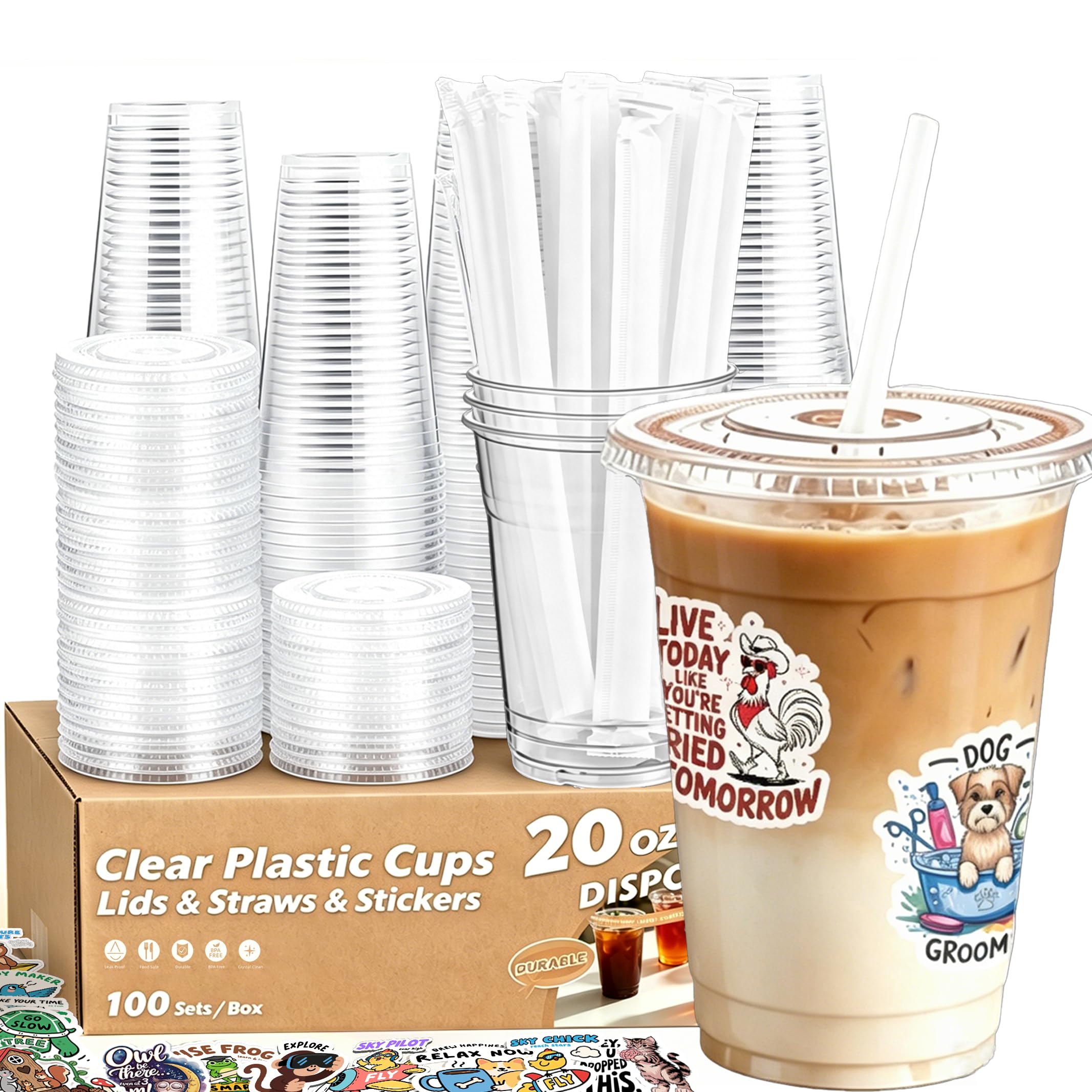 100 Pack 20 oz Clear Plastic Cups with Lids, Straws, Stickers | Food Safe