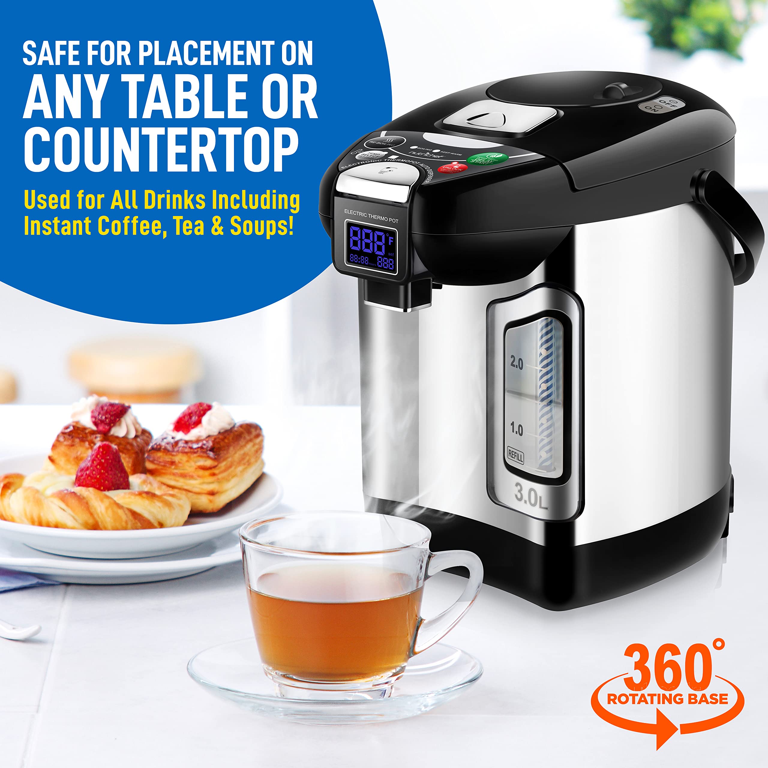 Nutrichef Digital Water Boiler And Warmer - 3L/3.17 Qt Stainless Electric Hot Water Dispenser W/ Lcd Display, Rotating Base, Kee