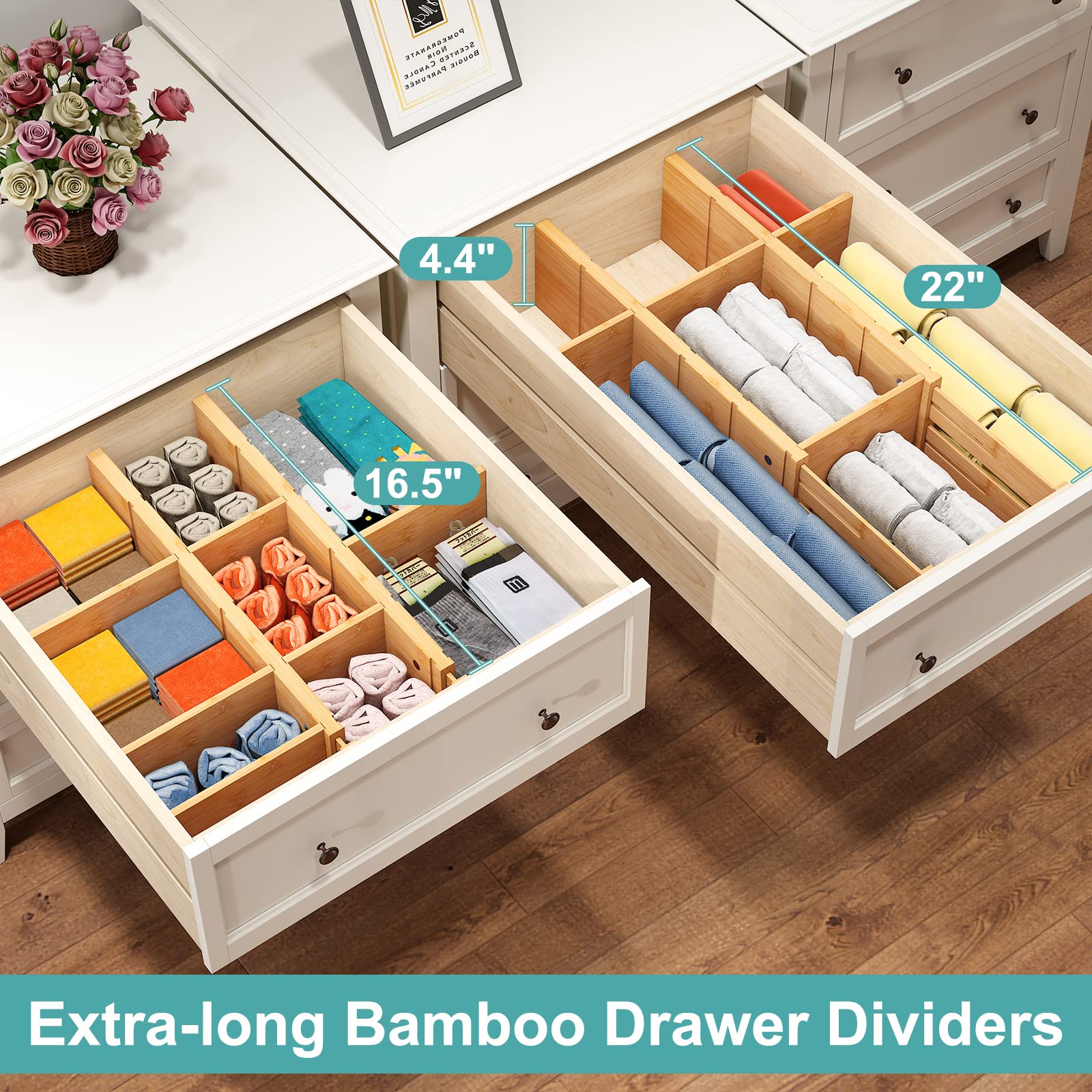 Vriccc 4.4'' High Bamboo Drawer Dividers with Inserts, Kitchen Adjustable Drawer Organizers, Expandable Organization for Home, O