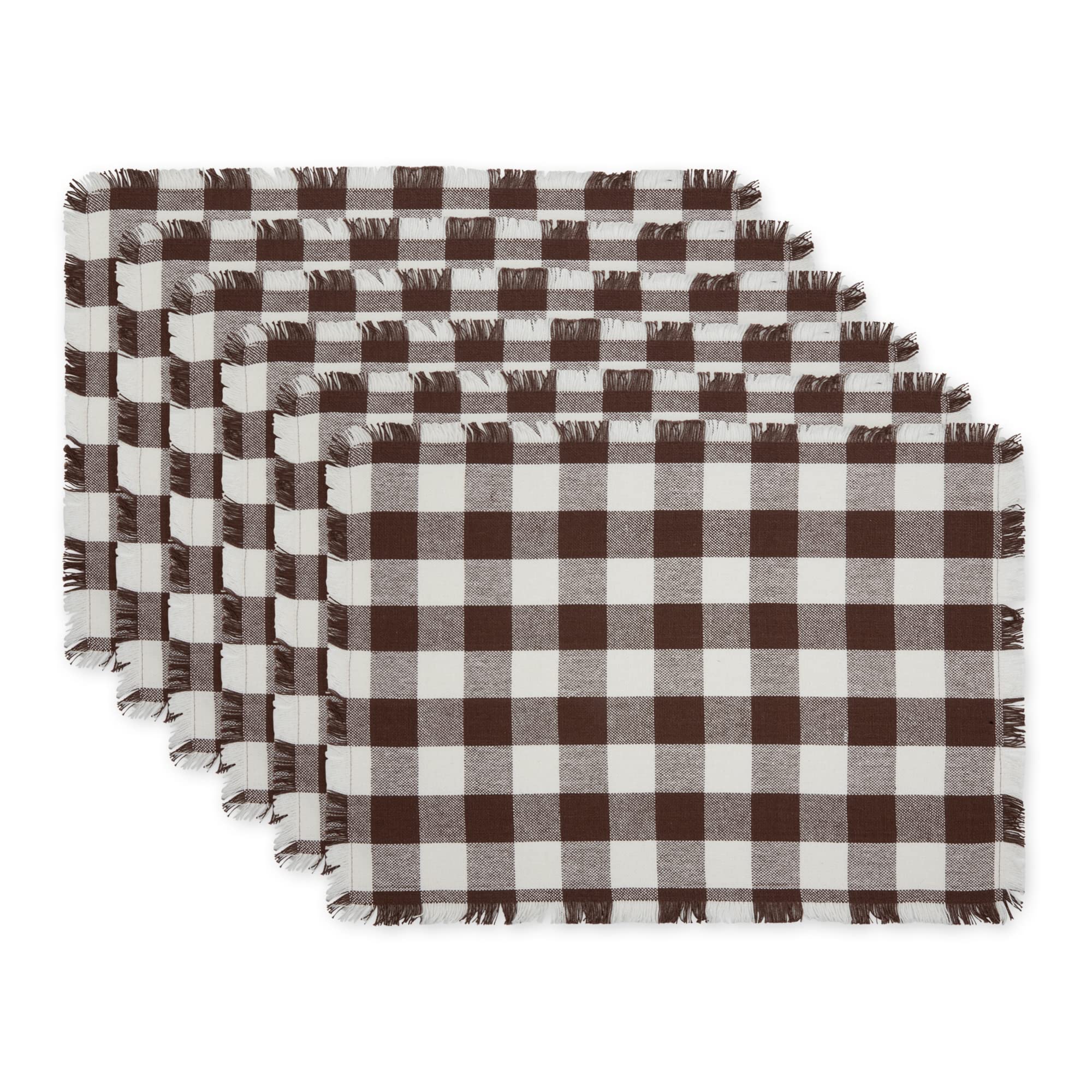 Dii Heavyweight Fringed Check Tabletop Collection, Placemat Set, 13X19, Bark Brown, 6 Piece