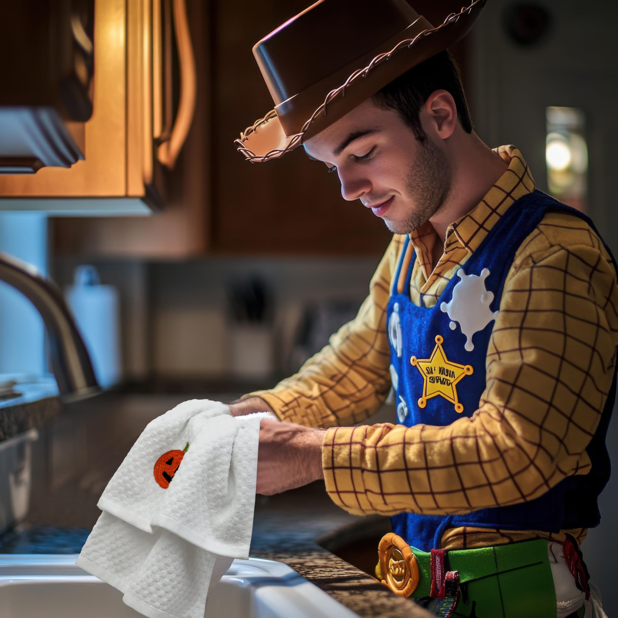 COTTON CRAFT Halloween Kitchen Towels - 4 Pack Spooky Skull Web Bats Jack OLantern Embroidered Terry Towel - 100% Cotton Waffle