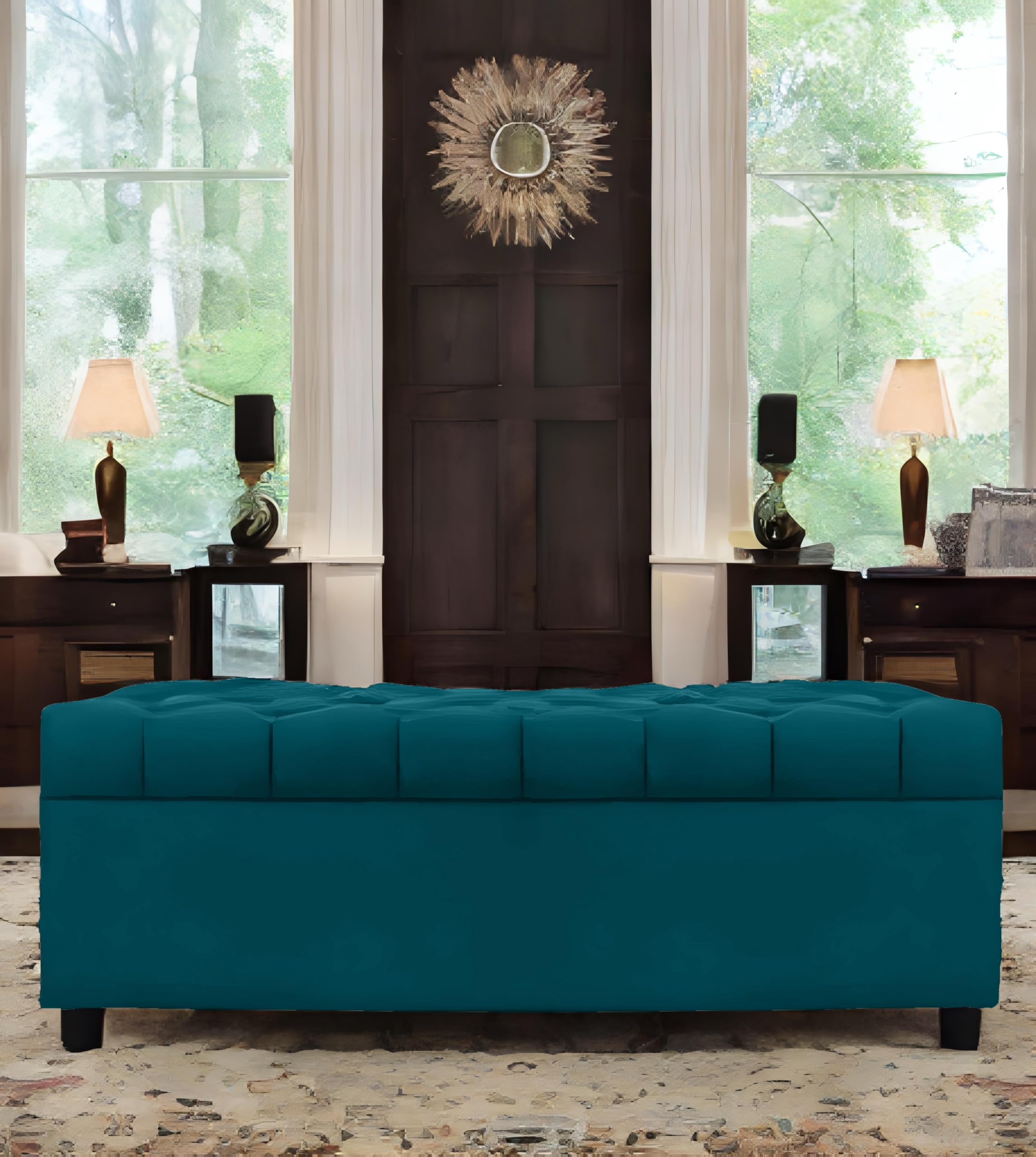 Amata Eagle Solid Wood 2 Seater Ottoman/Pouffe Ocean Blue Suede Velvet Fabric Perfect For Home Living Office Room And Guests (Oc