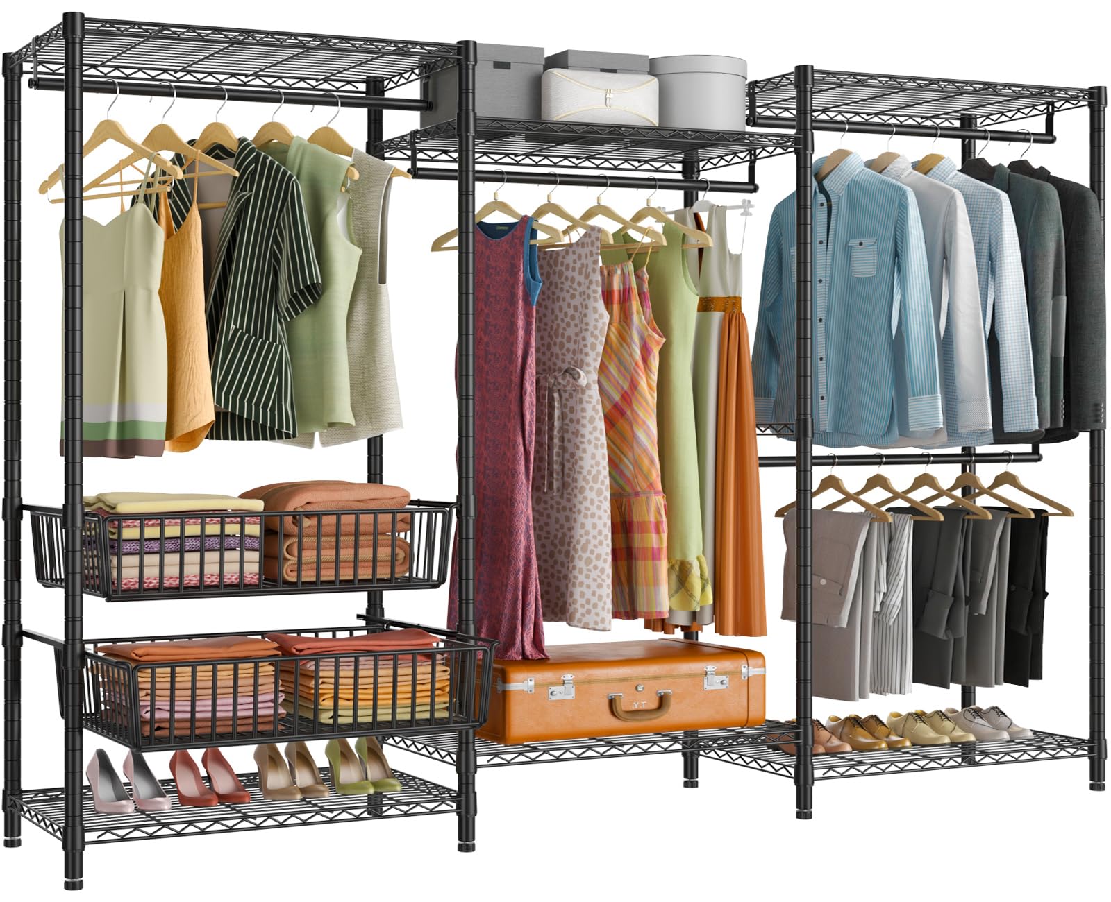 VIPEK V10 Wire Garment Rack 5 Tiers Heavy Duty Clothes Rack with Hanging Rods  Wire Shelves & 2 Slid Storage Baskets  Large Size Clothing Rack 85.4 '' W x 15.7 '' D x 76.4 '' H  Max Load 800 LBS  Black