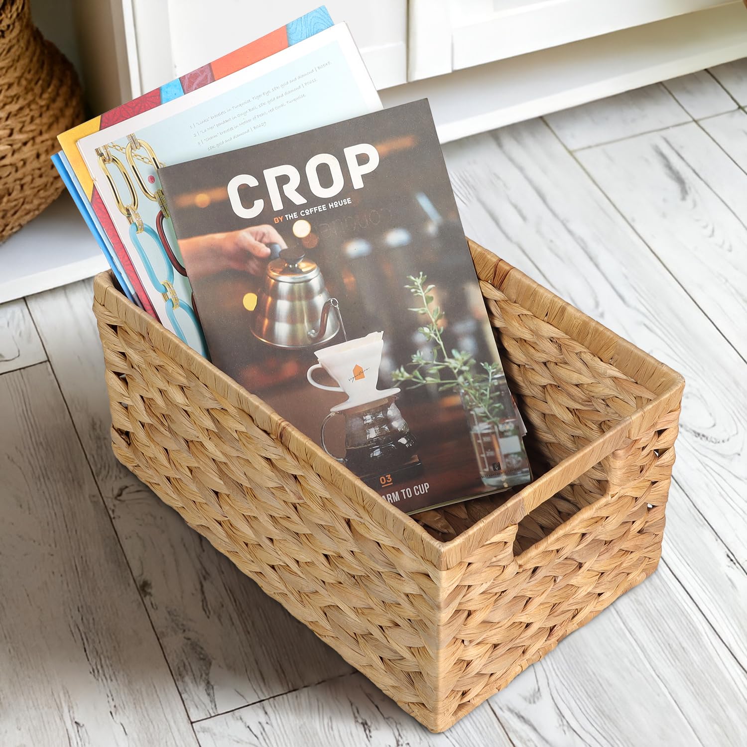 Timberwave Set Of 6 Wicker Storage Baskets, Natural Water Hyacinth Rectangular Woven Baskets - 13'X8'X6.7', For Bedroom, Bathroo